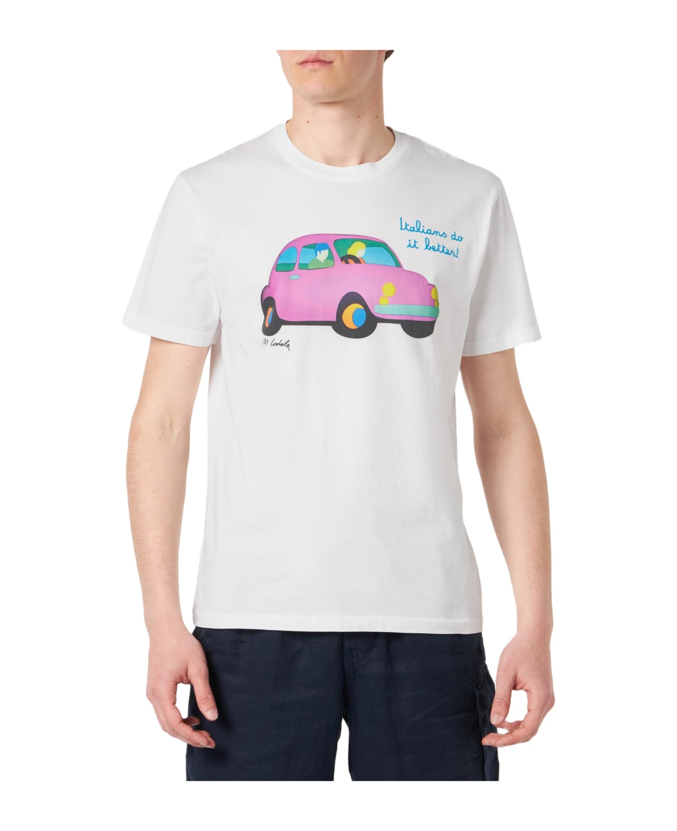 MC2 Saint Barth Man Cotton T-shirt With Lodola Car Print | Marco Lodola Art Special Edition - WHITE