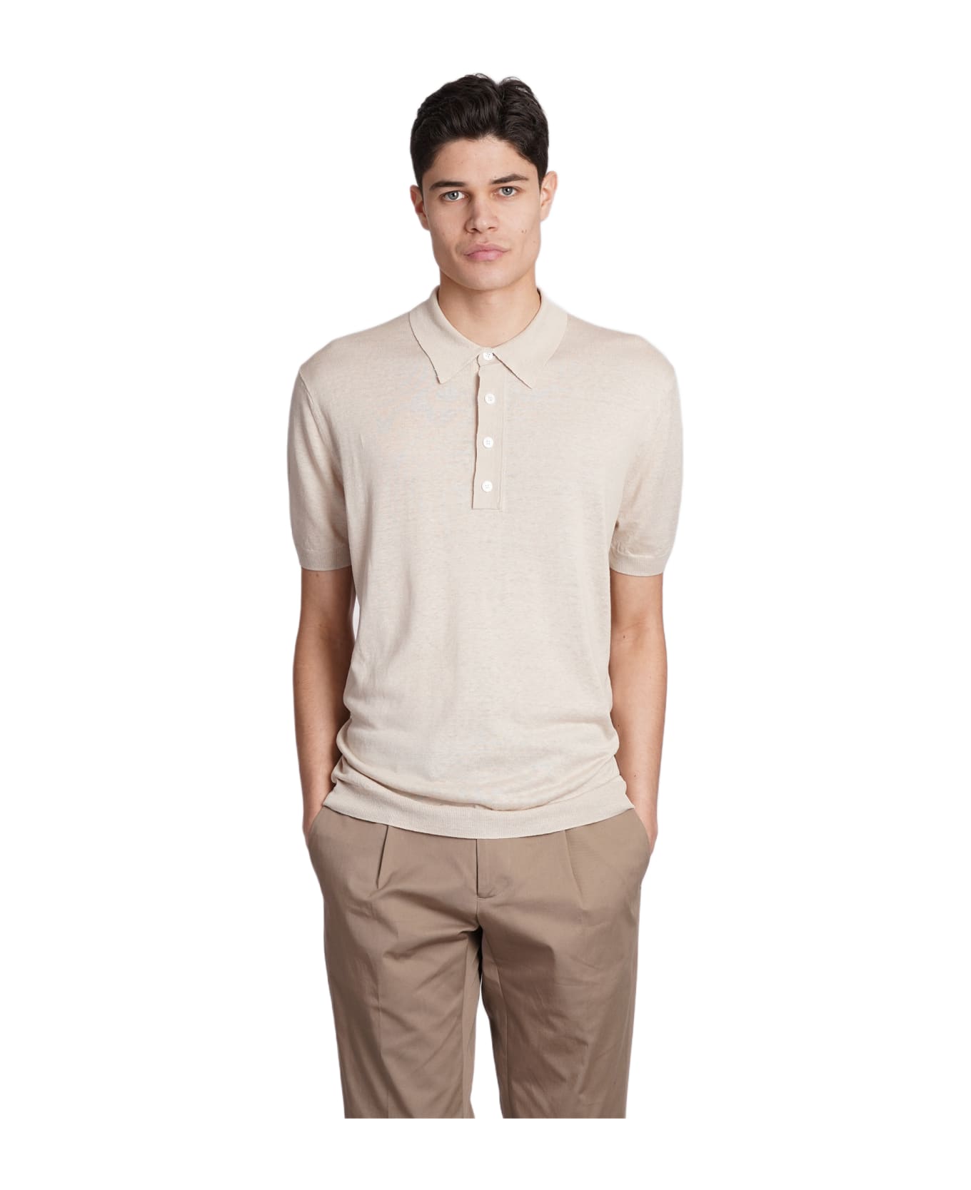 Low Brand K148 Polo In Beige Silk And Linen - beige ポロシャツ