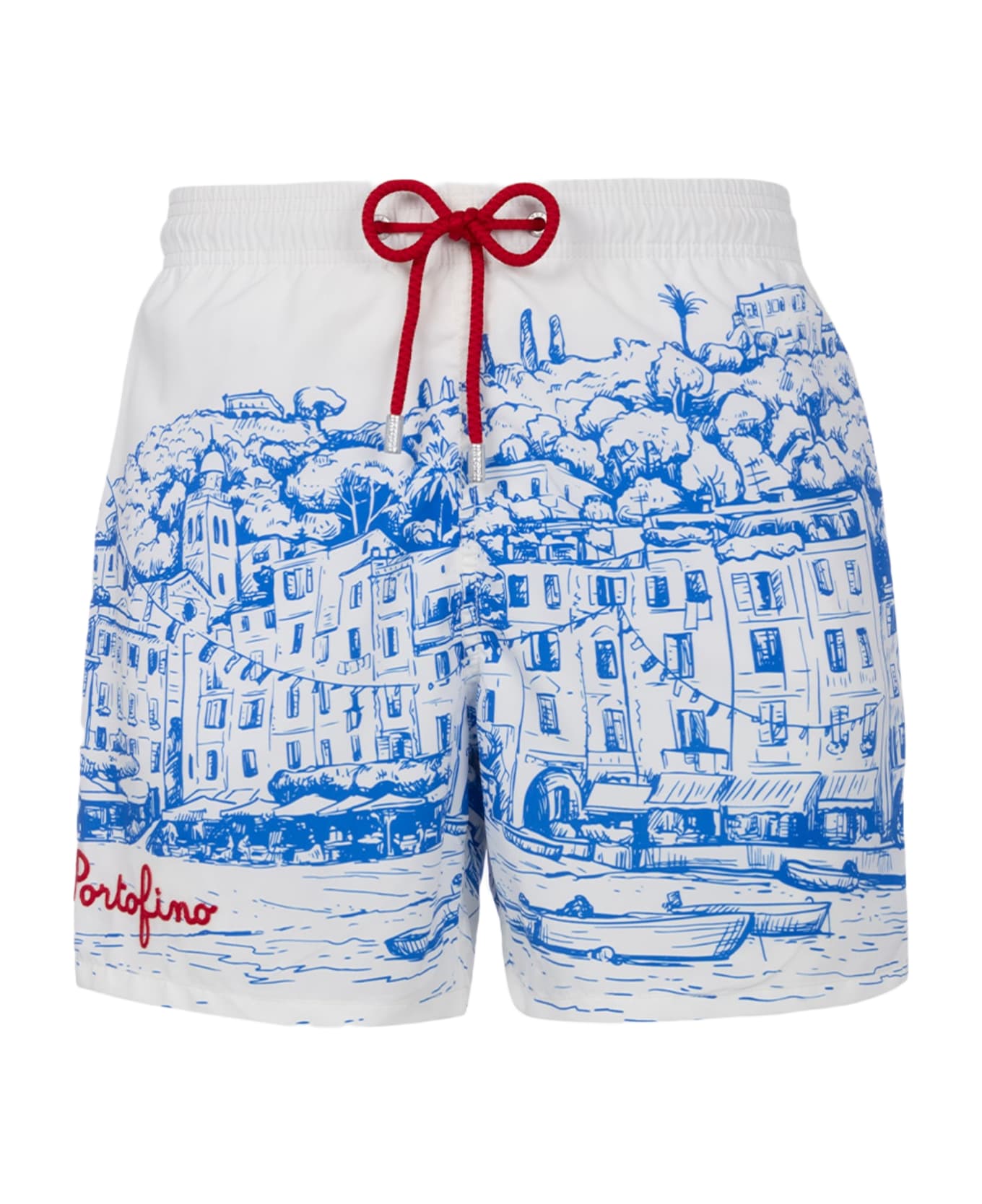 MC2 Saint Barth Man Mid-length Gustavia Swim-shorts With Portofino Placed Print - WHITE