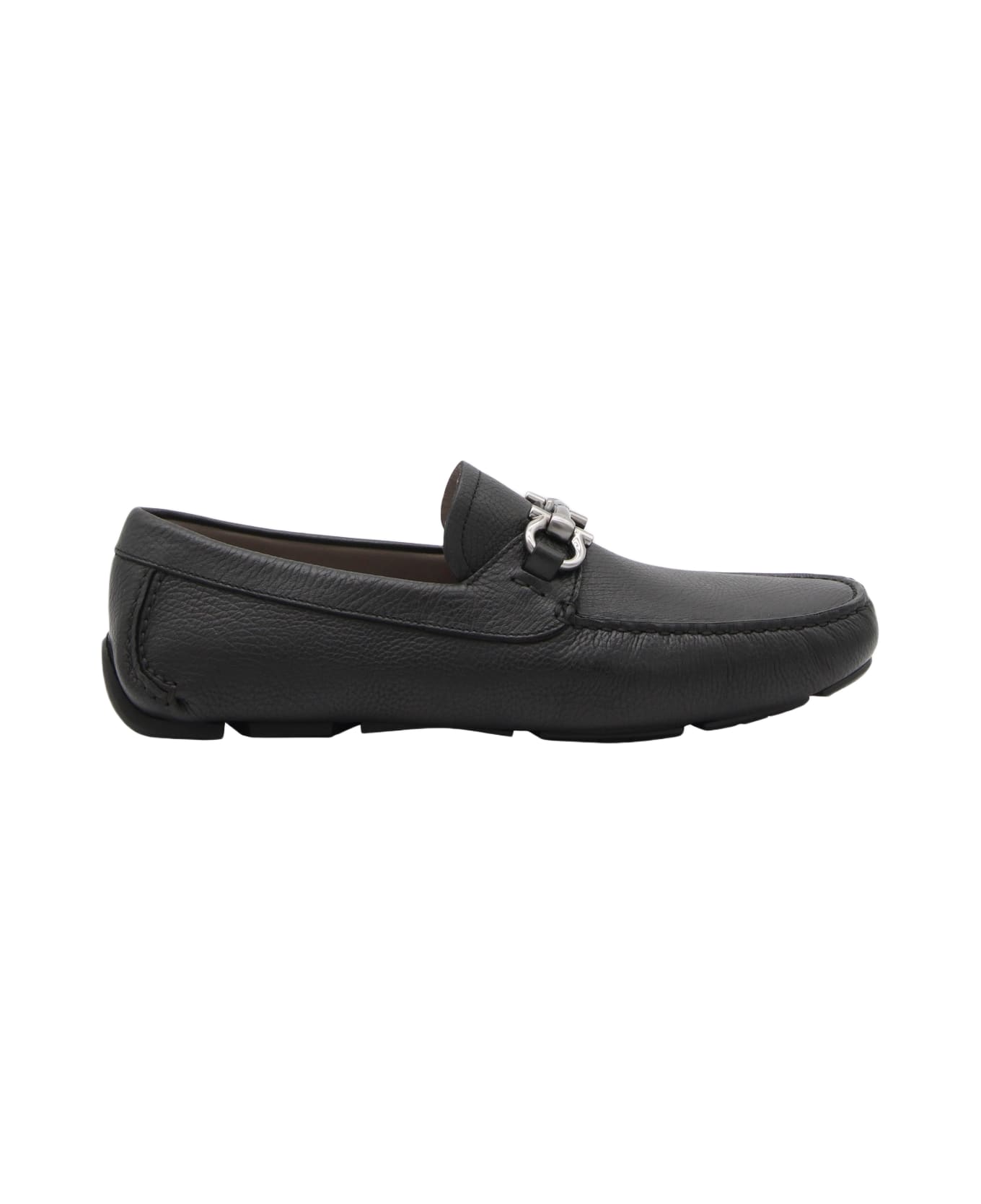 Ferragamo Black Leather Driver Gancini Loafers - Black