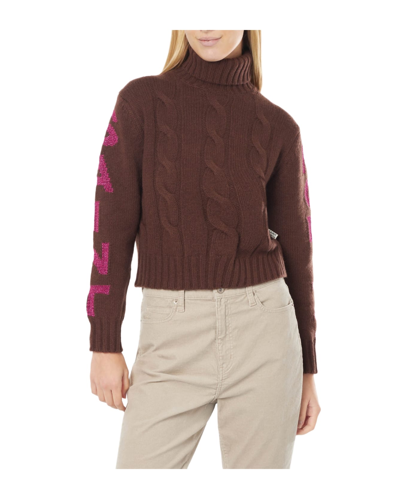 MC2 Saint Barth Woman Turtleneck Braided Sweater With Saint Moritz Jacquard - BROWN
