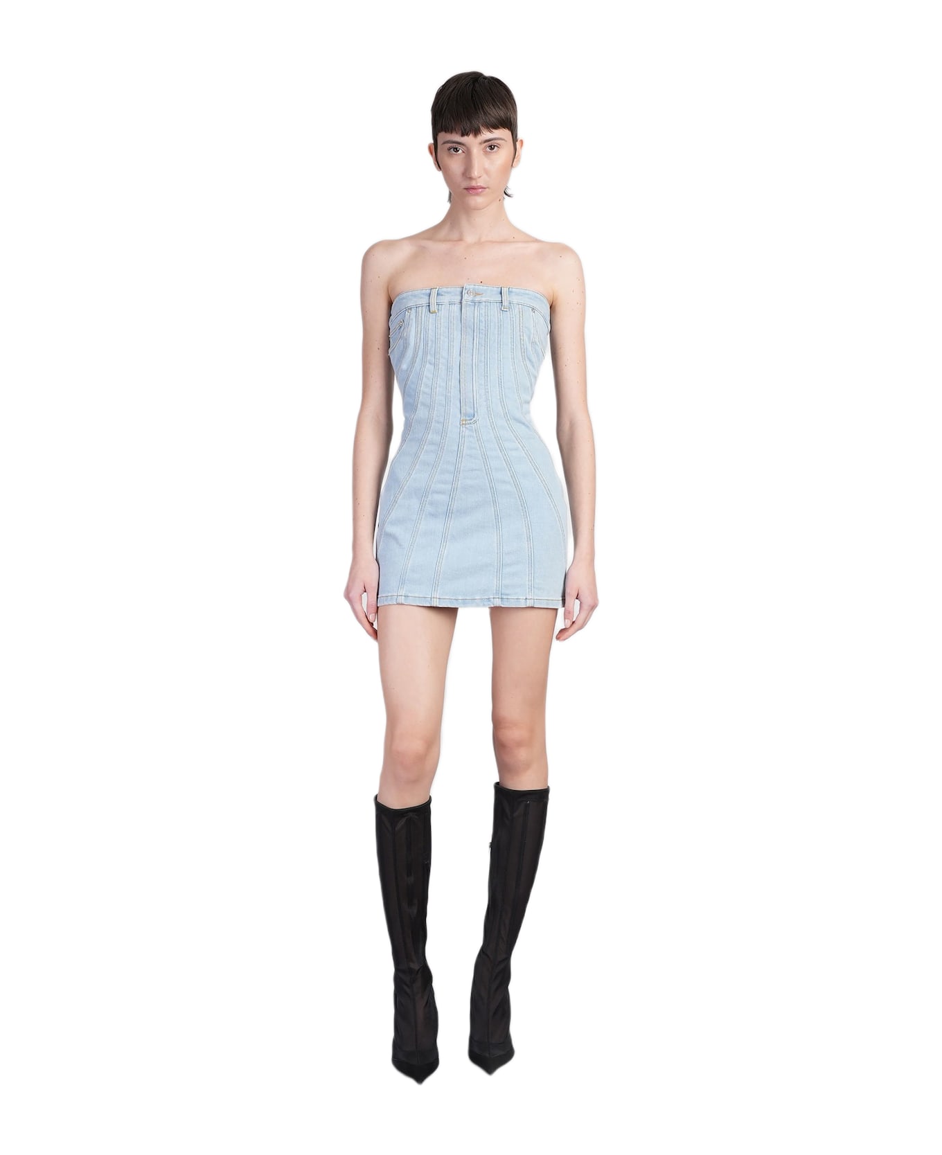 Mugler Mini Dress In Blue Denim - blue
