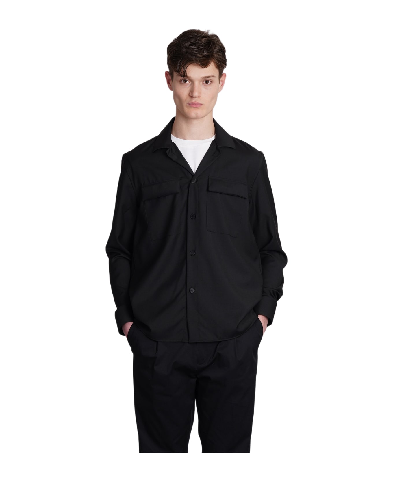 Low Brand Shirt S134 Tropical Shirt In Black Wool - black シャツ