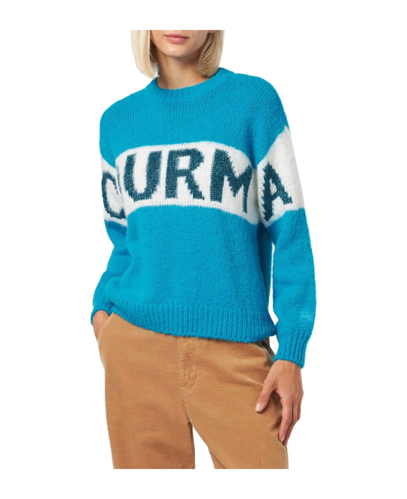 MC2 Saint Barth Woman Boxy Shape Soft Sweater With Courma Jacquard Print - SKY