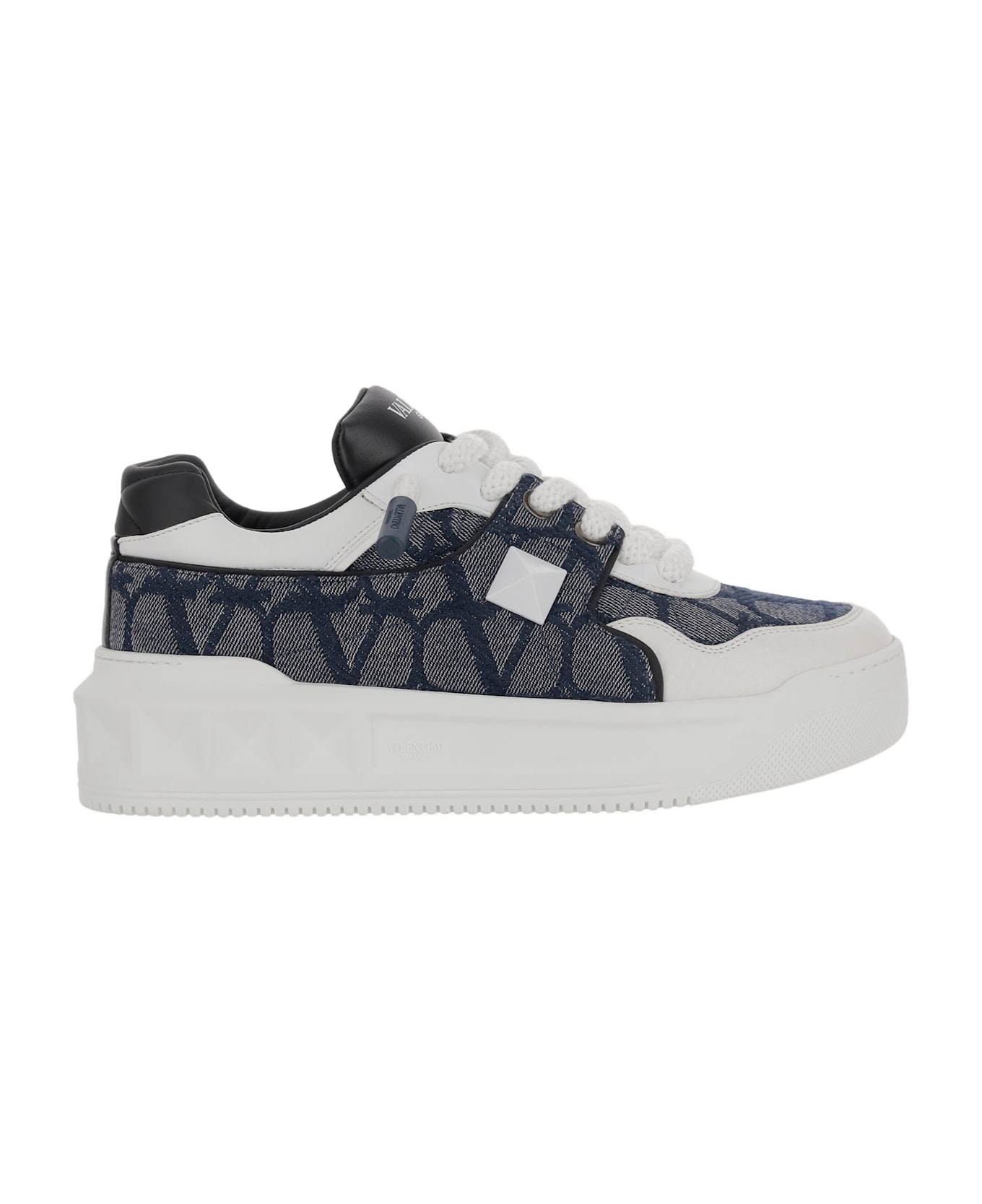 Valentino Garavani Low-top One Stud Xl Sneakers In Nappa Leather And Jacquard Fabric Toile Iconographe With Denim Effect - Red