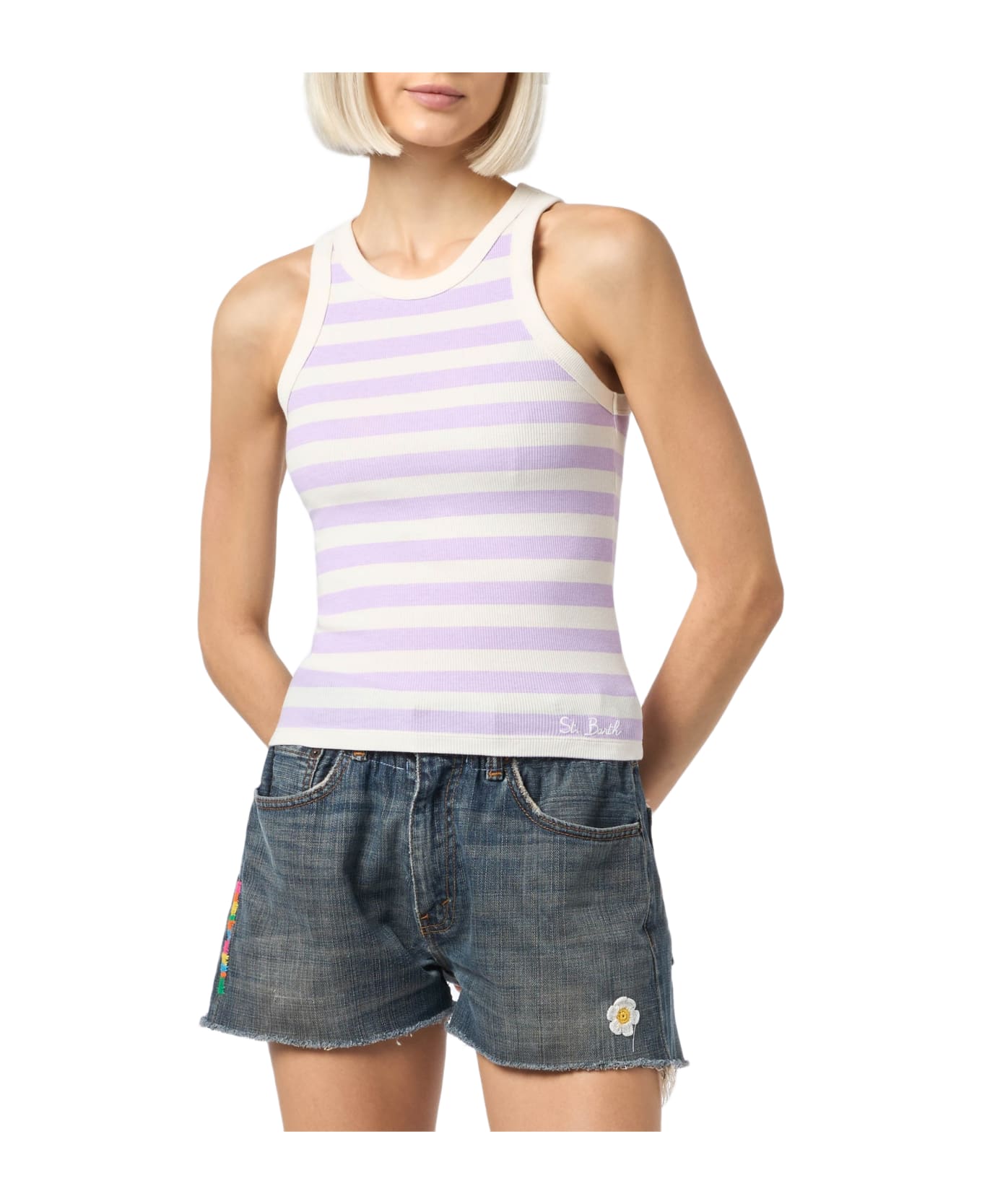 MC2 Saint Barth Woman Rib-knit Lilac And Off-white Striped Cotton Tank Top - PINK
