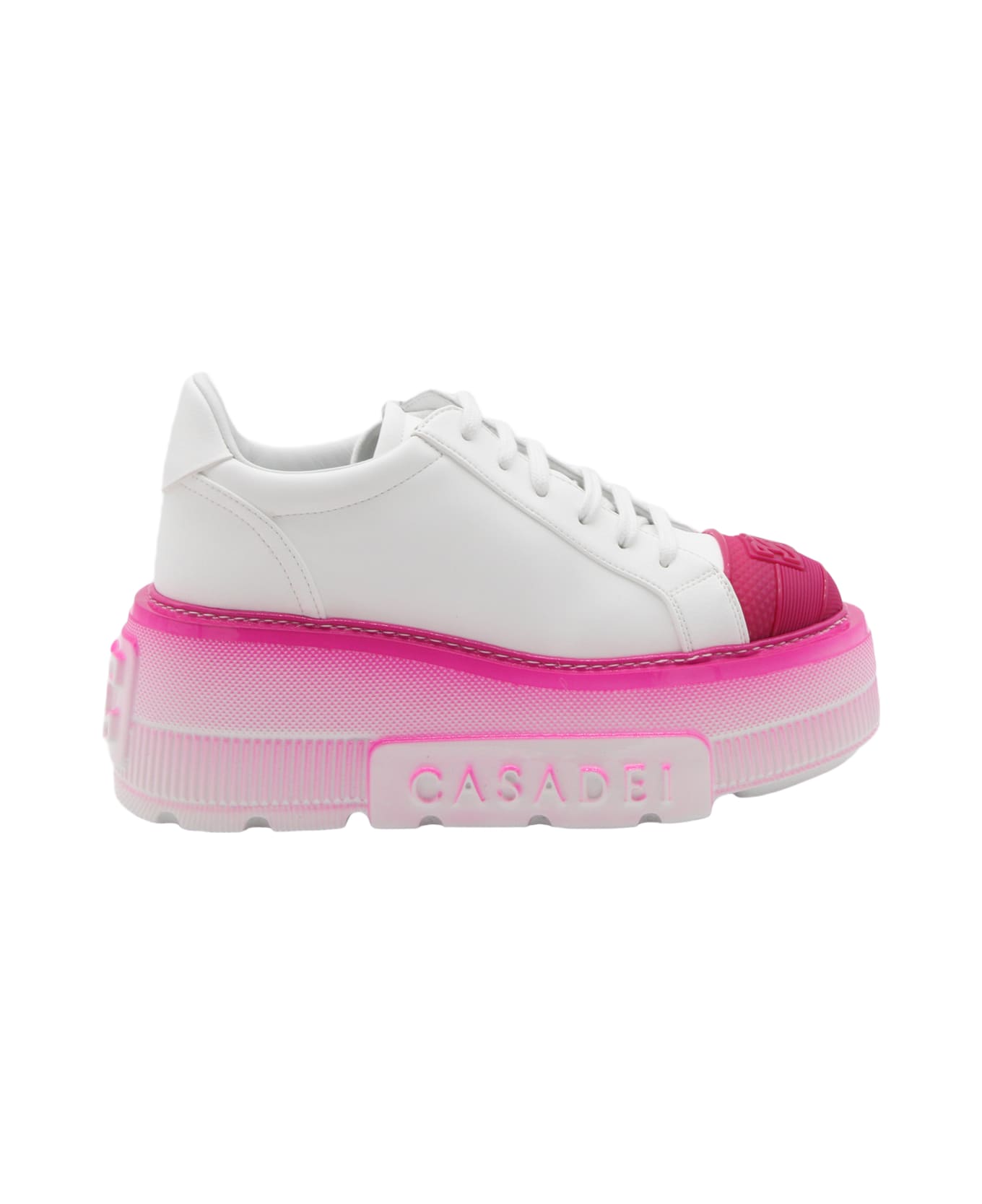 Casadei White And Pink Leather Sneakers - WHITE/FUCHSIA