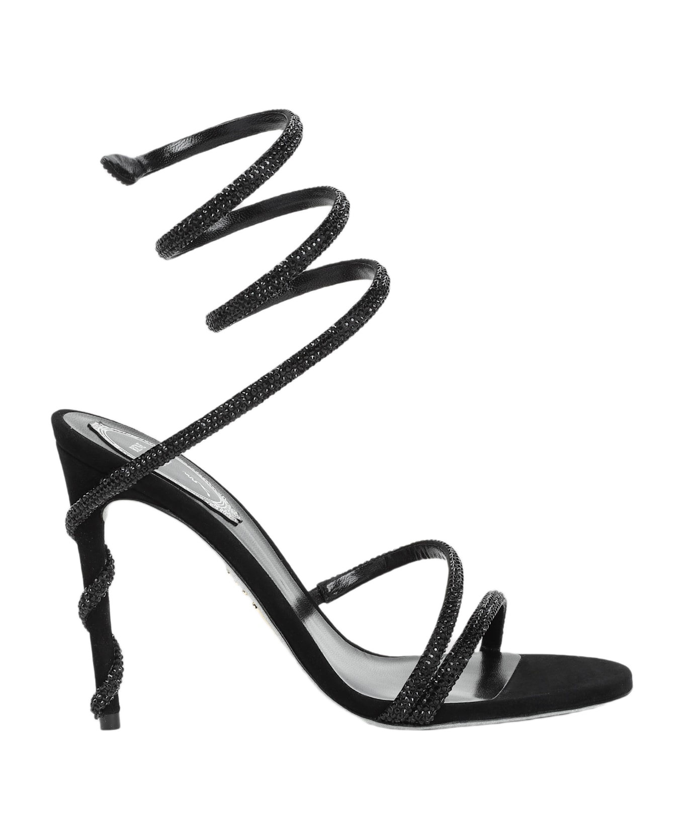 René Caovilla Margot Sandals In Black Leather - Black Satin