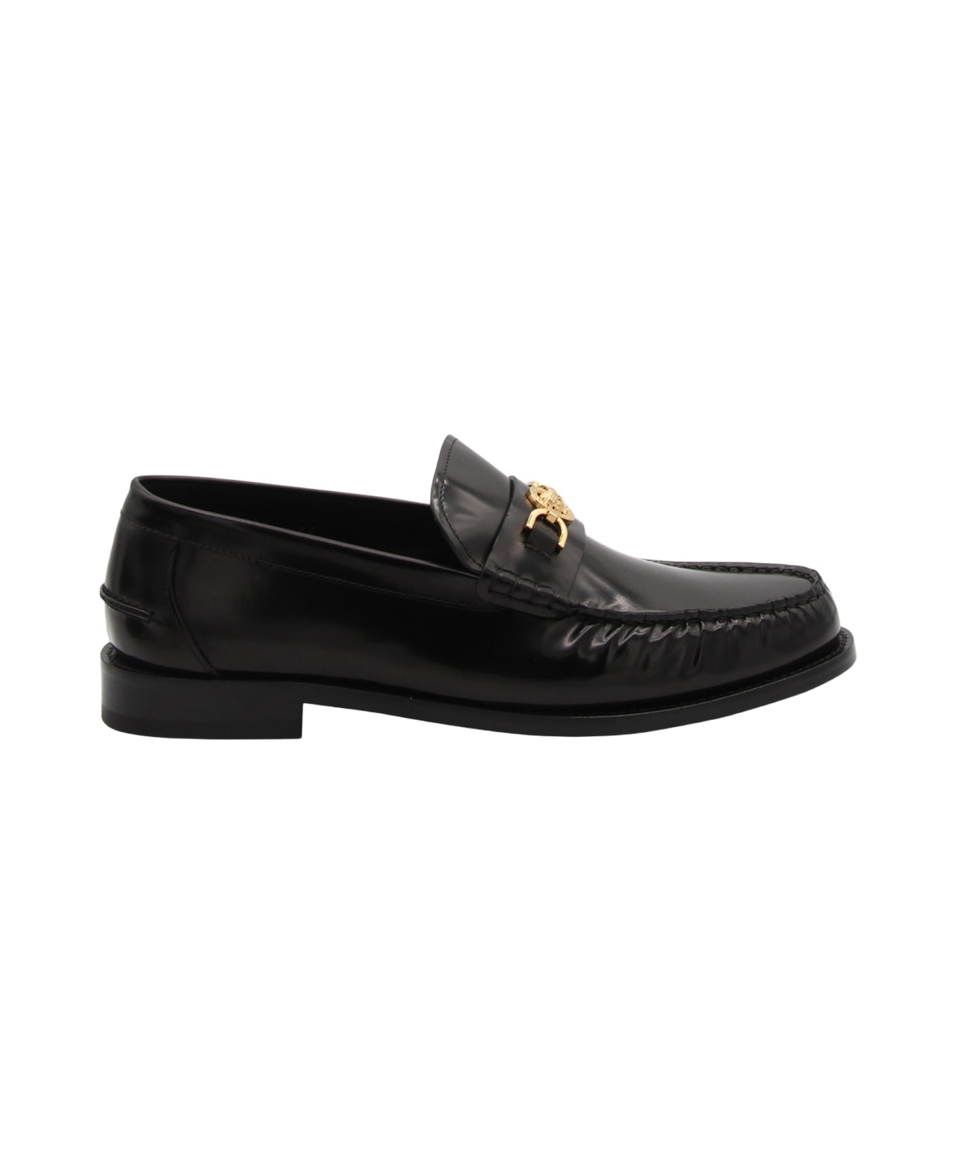 Versace Black And Gold Leather Medusa Loafers - Black