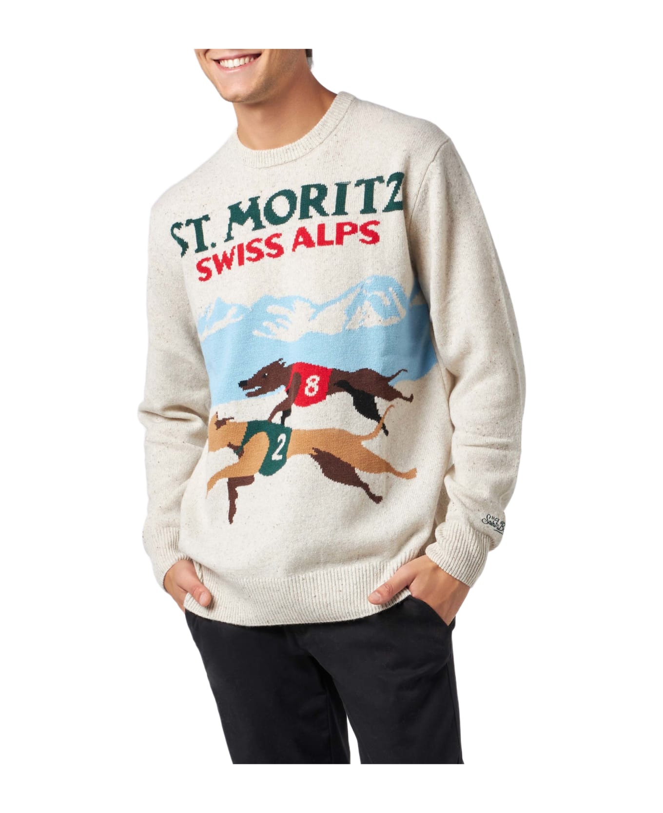 MC2 Saint Barth Man Crewneck Donegal Sweater With St. Moritz Polo Print - WHITE