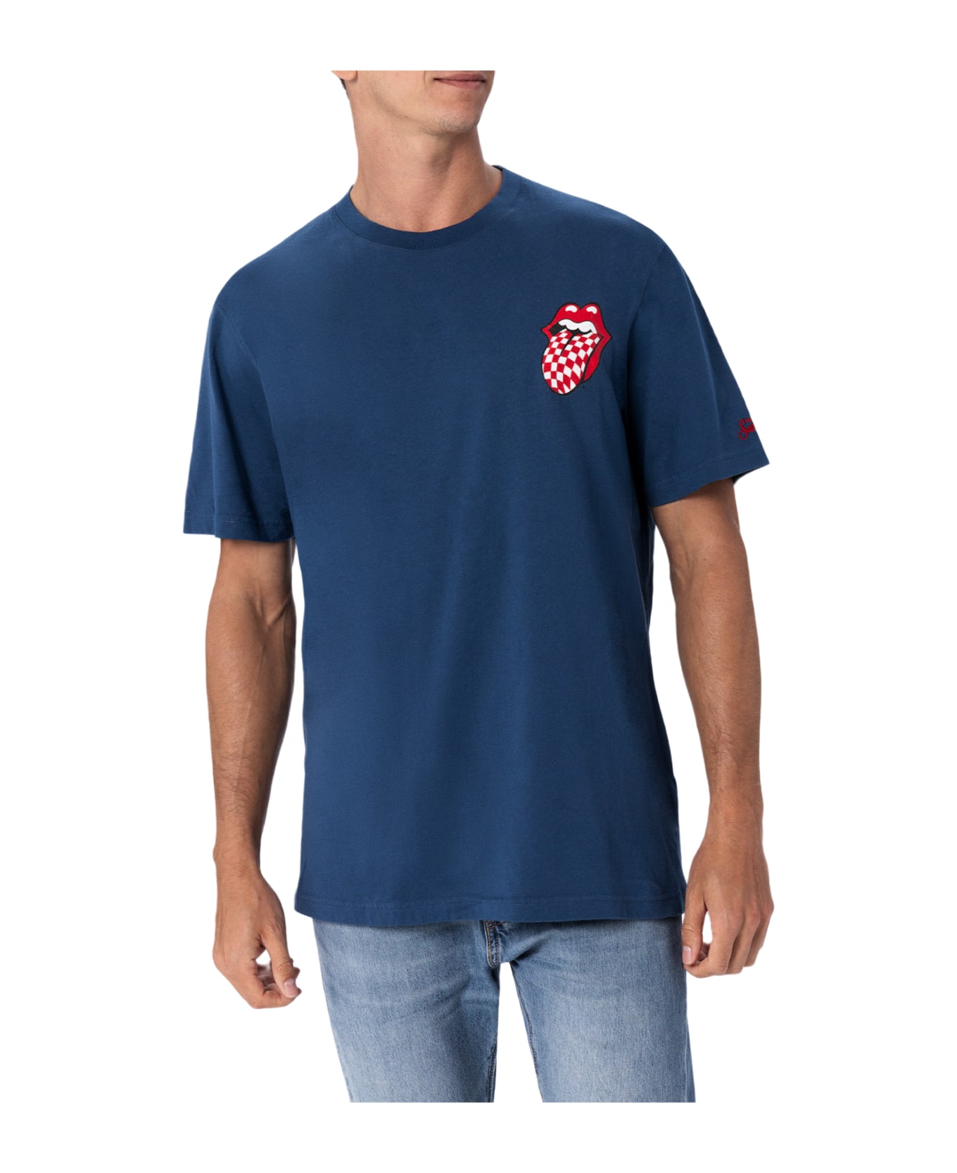 MC2 Saint Barth Man Cotton T-shirt With Rolling Stones Front And Back Placed Print | Rolling Stones Special Edition - BLUE