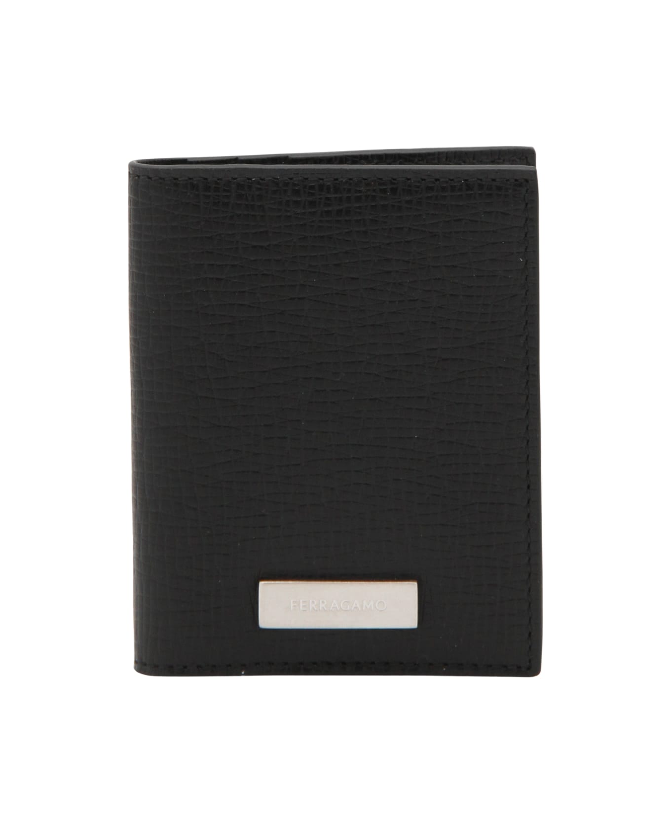 Ferragamo Black Leather Custom Metal Plate Card Holder - Black
