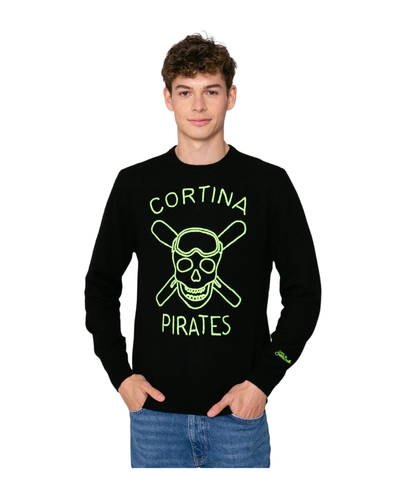 MC2 Saint Barth Black Man Sweater Cortina Pirates Fluo Embroidery - BLACK