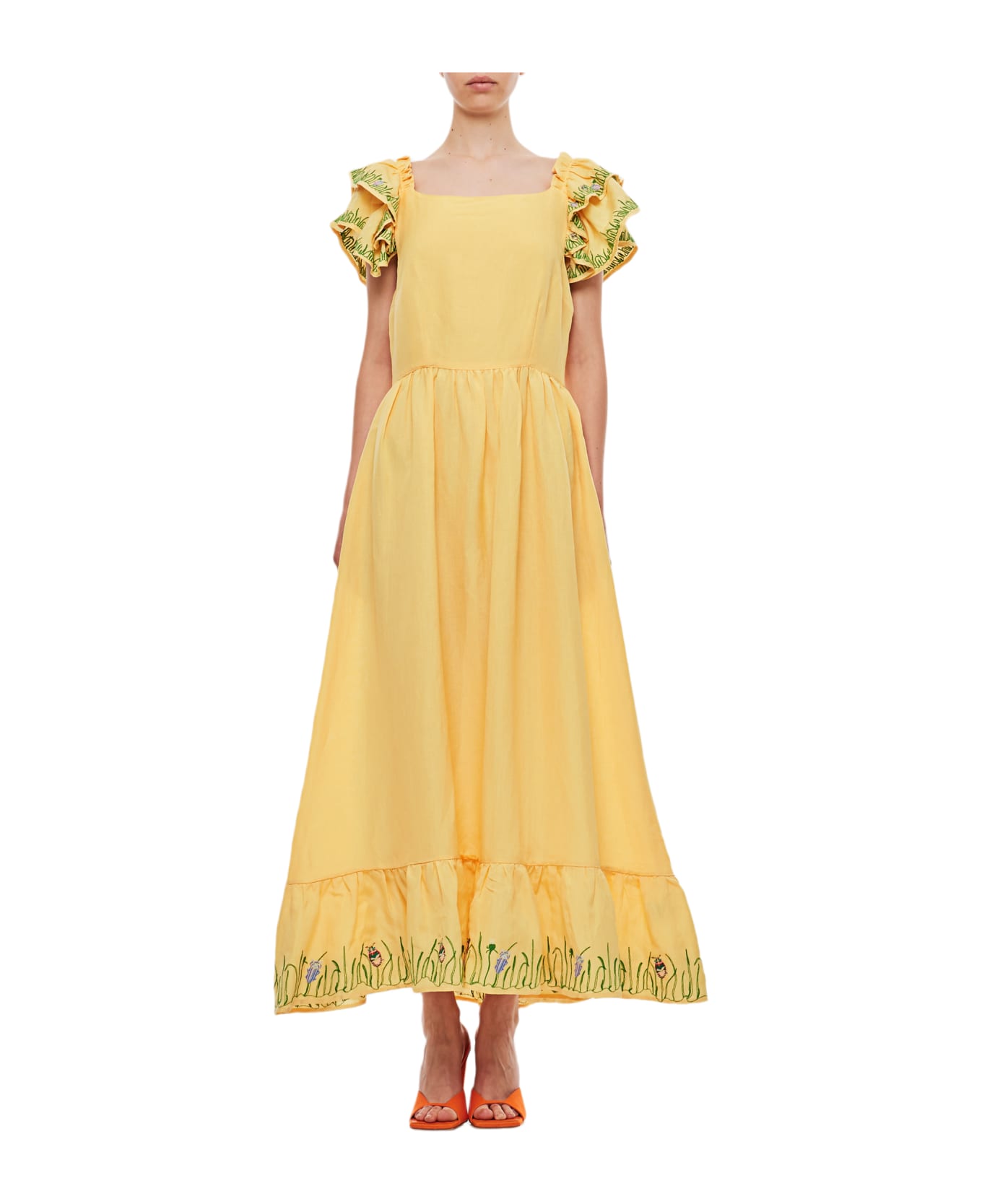 Helmstedt Brise Embroidered Linen Long Dress - Yellow