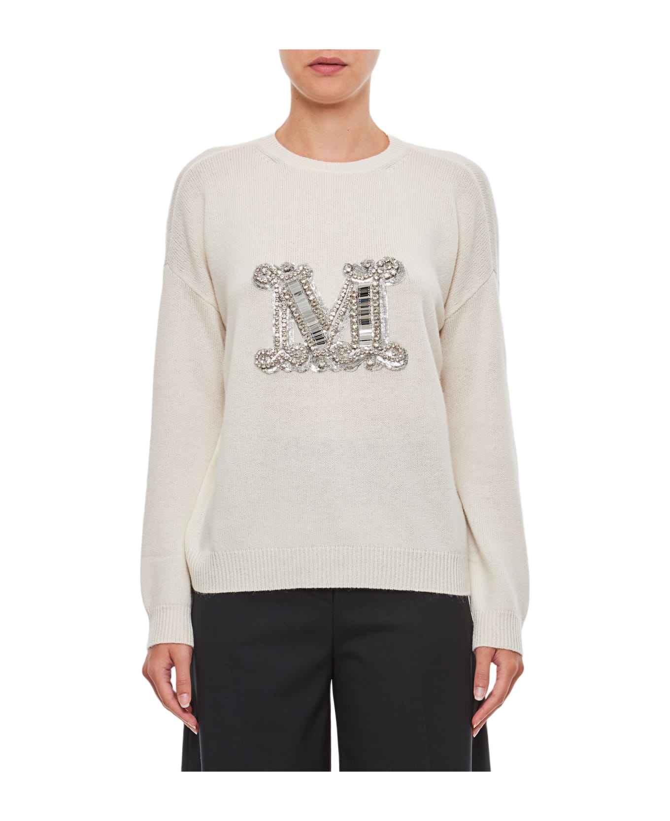Max Mara Embellished M Crewneck Sweater - White