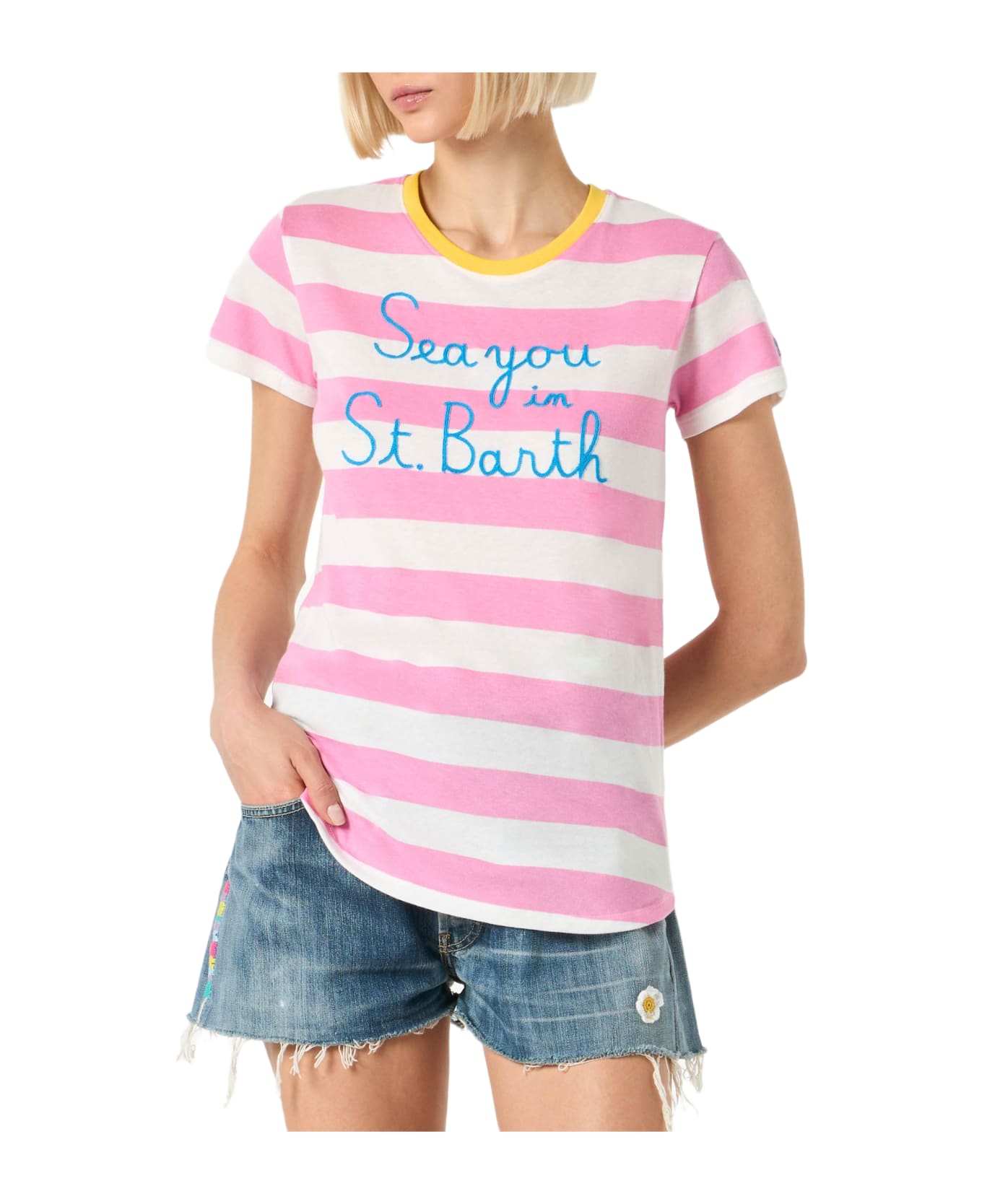 MC2 Saint Barth Woman Cotton T-shirt With Sea You In St. Barth Embroidery - PINK