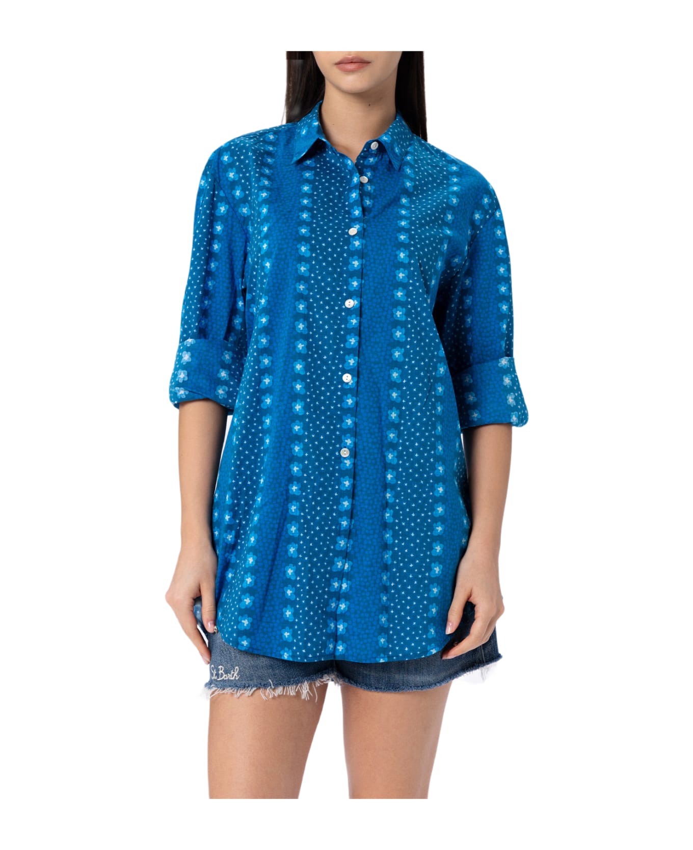 MC2 Saint Barth Woman Cotton Shirt Brigitte With Indigo Flower Print - BLUE