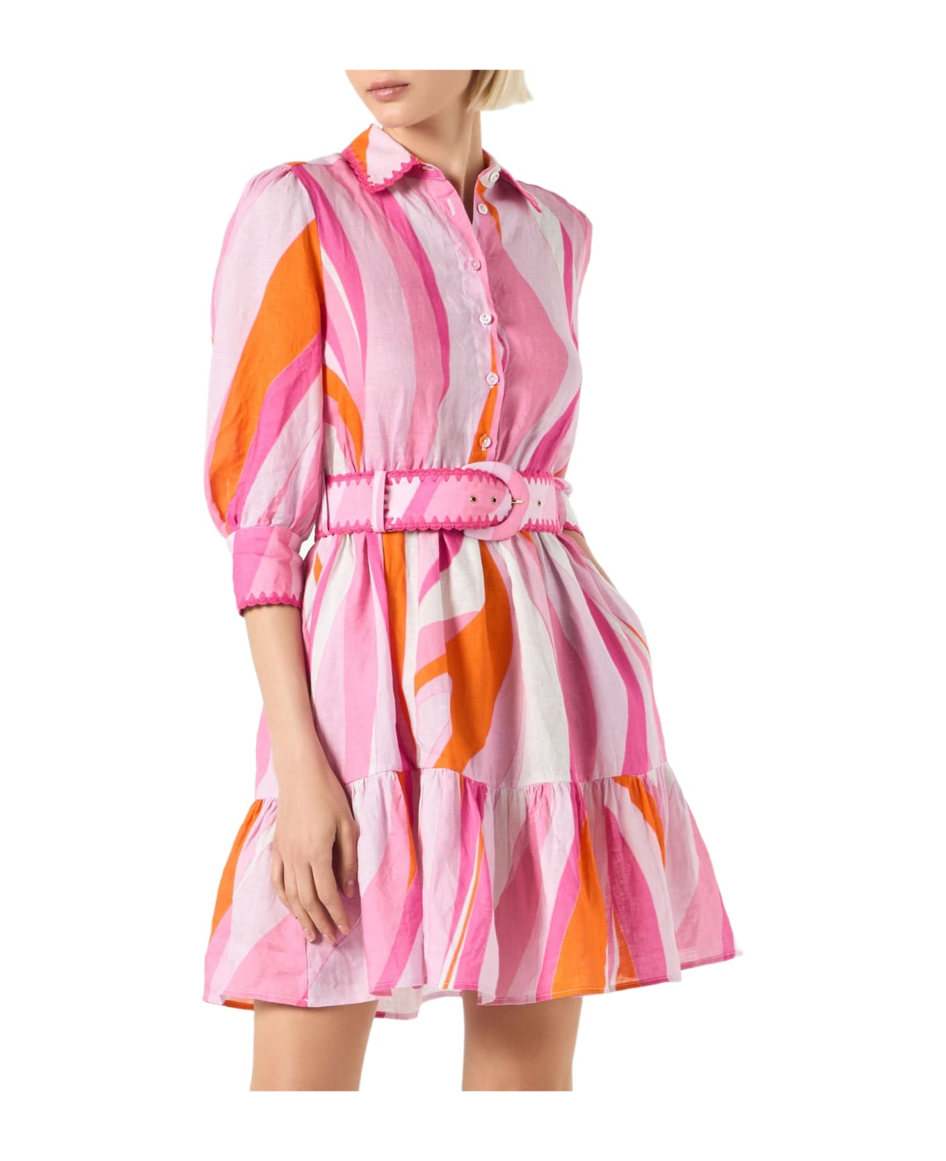 MC2 Saint Barth Shape Wave Print Linen Short Dress Daisi - PINK