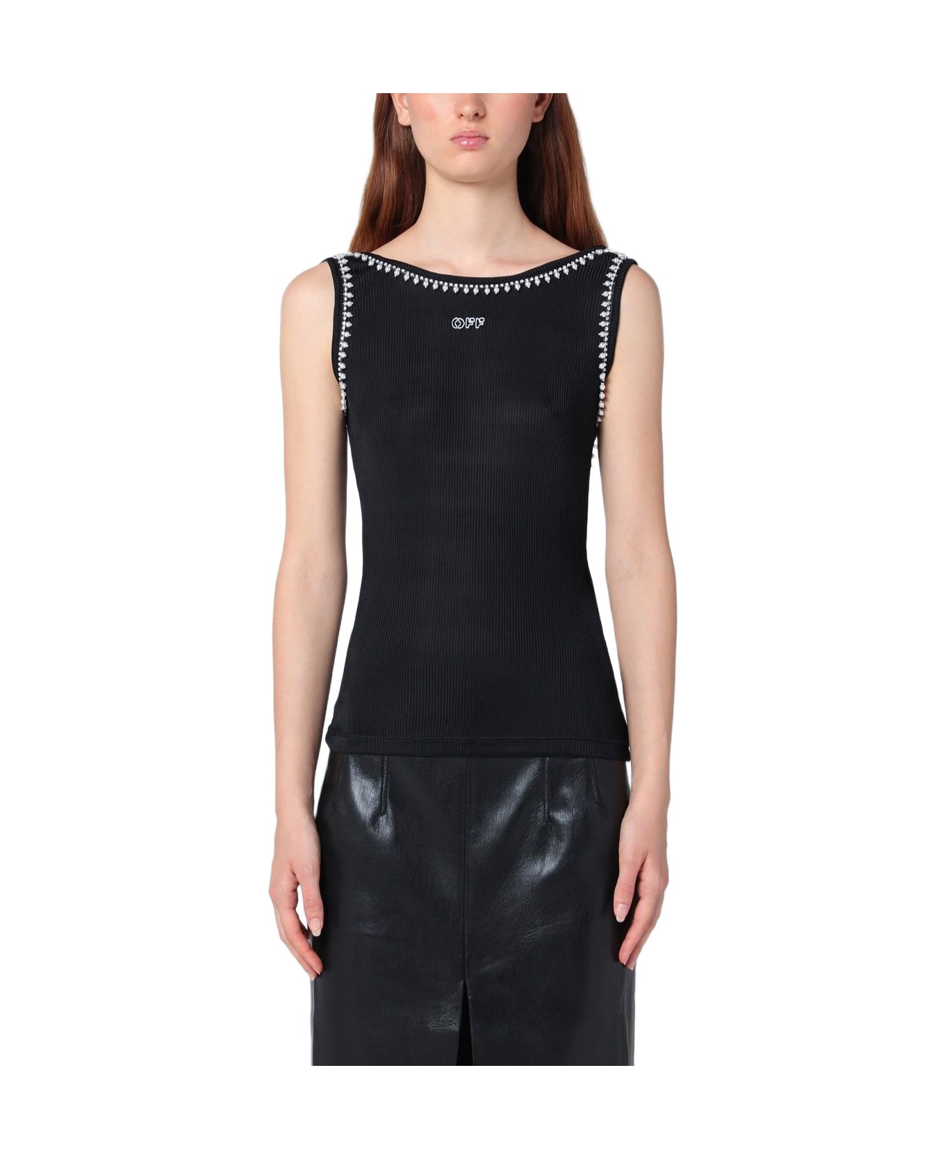 Off-White Black Tank Top With Beaded Embroidery - Black