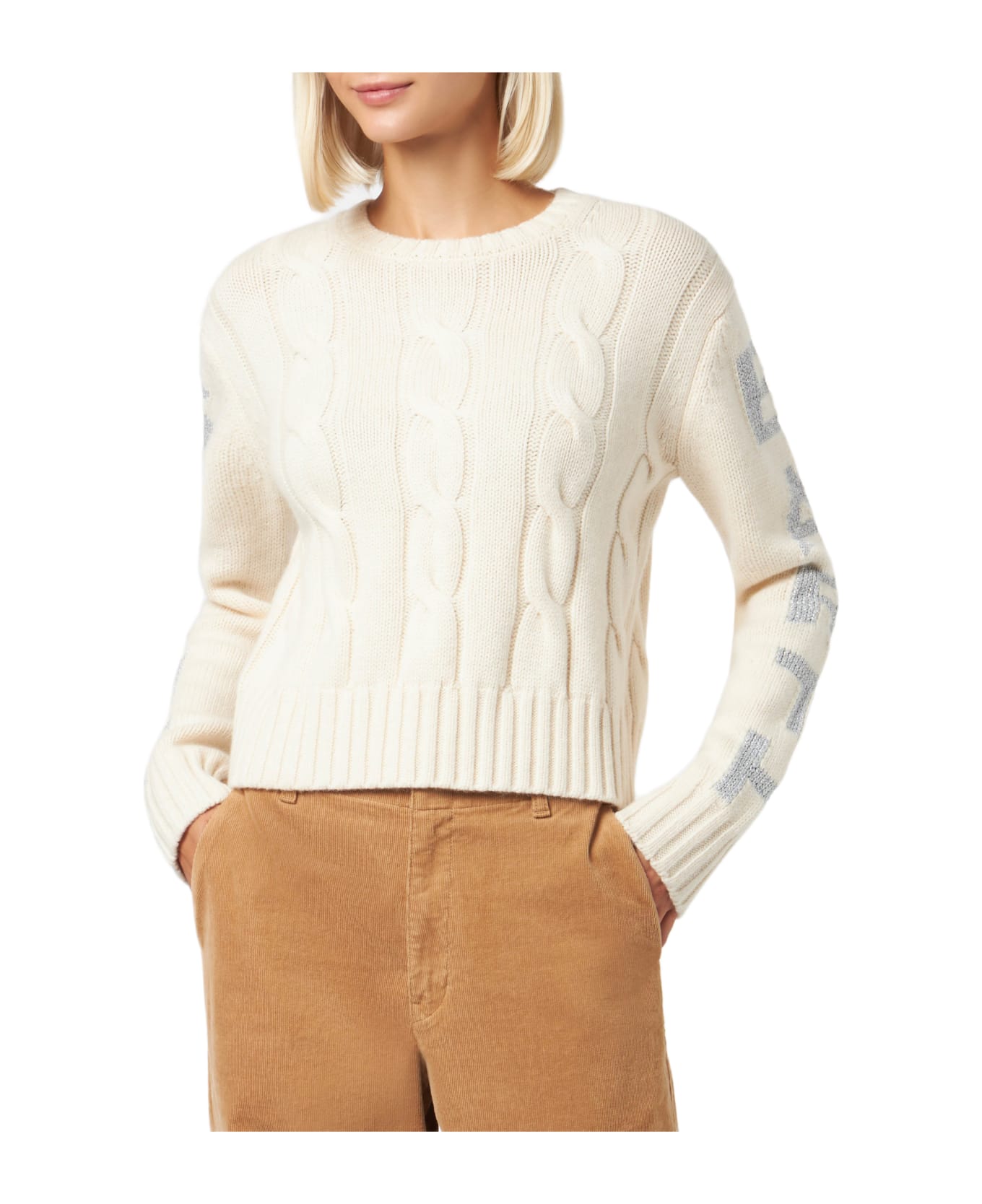 MC2 Saint Barth Woman Crewneck Braided Sweater With Saint Barth Lurex Print - WHITE