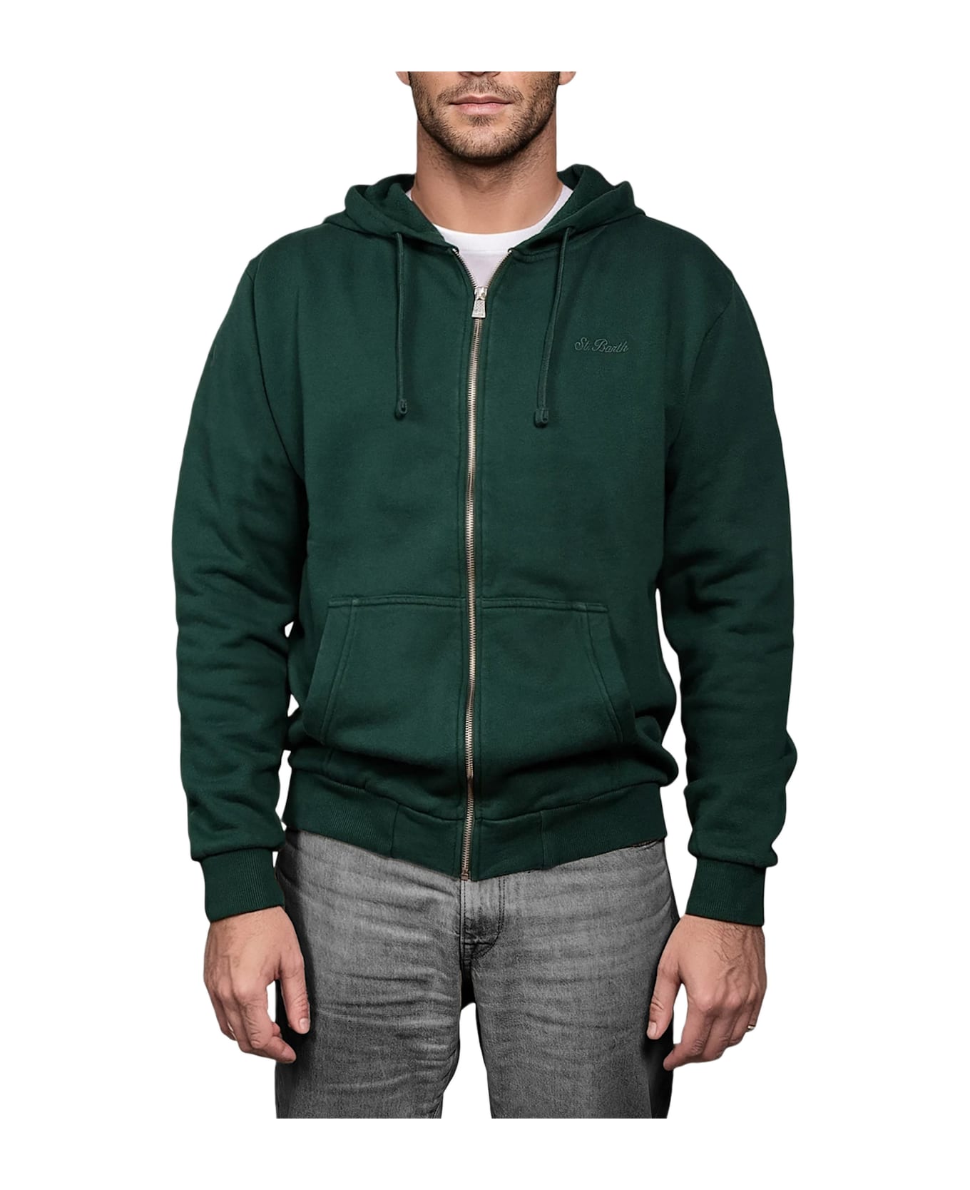MC2 Saint Barth Man Green Zipped And Hooded Sweatshirt Mercer With St. Barth Embroidery - APPLE GREEN