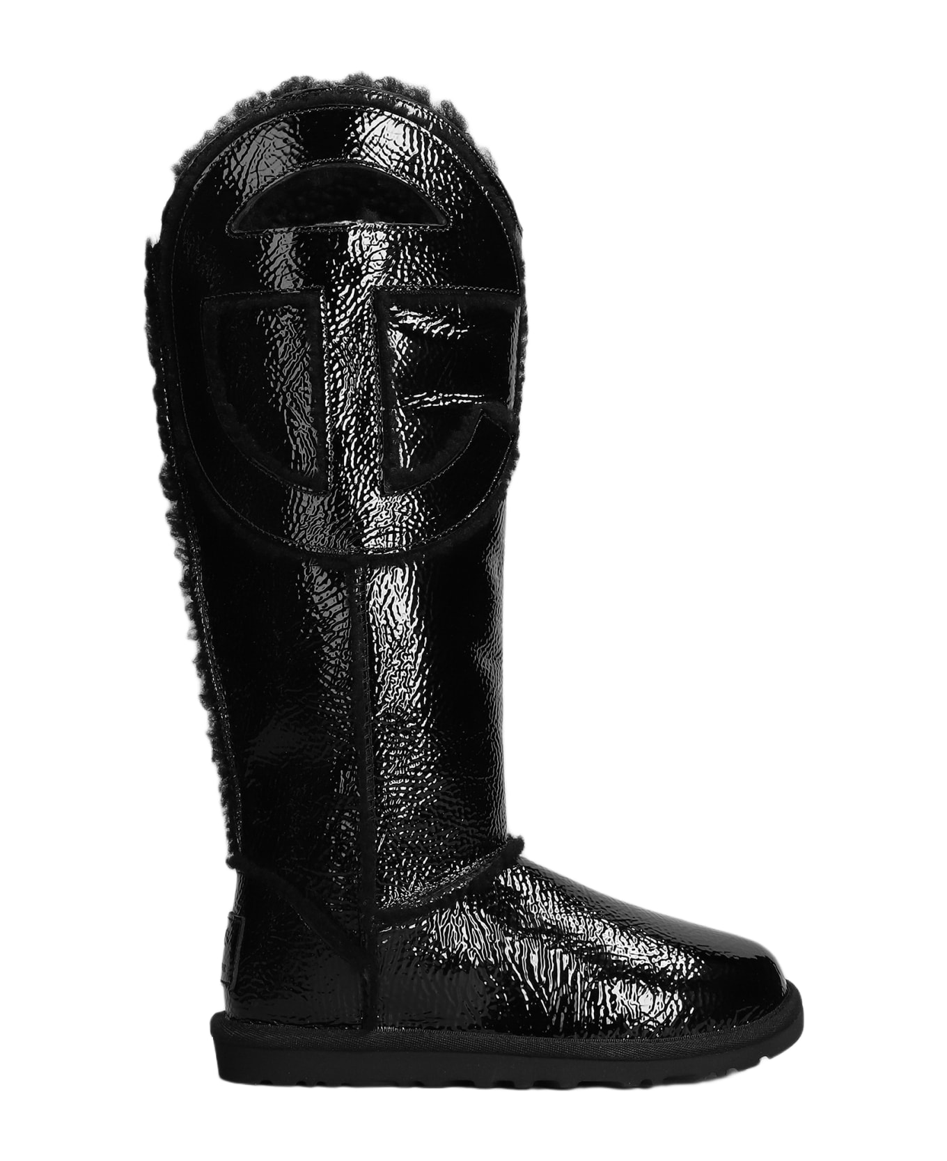 UGG Logo Tall Crinkle Low Heels Boots In Black Leather - black