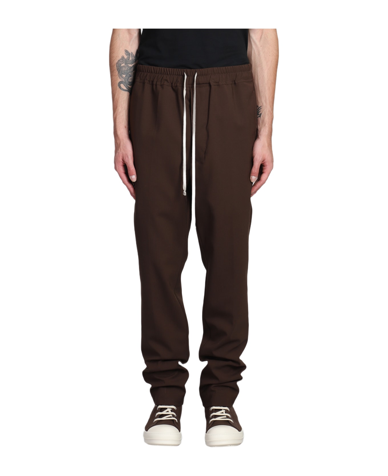 Rick Owens Drawstring Slim Long Pants In Brown Wool - brown