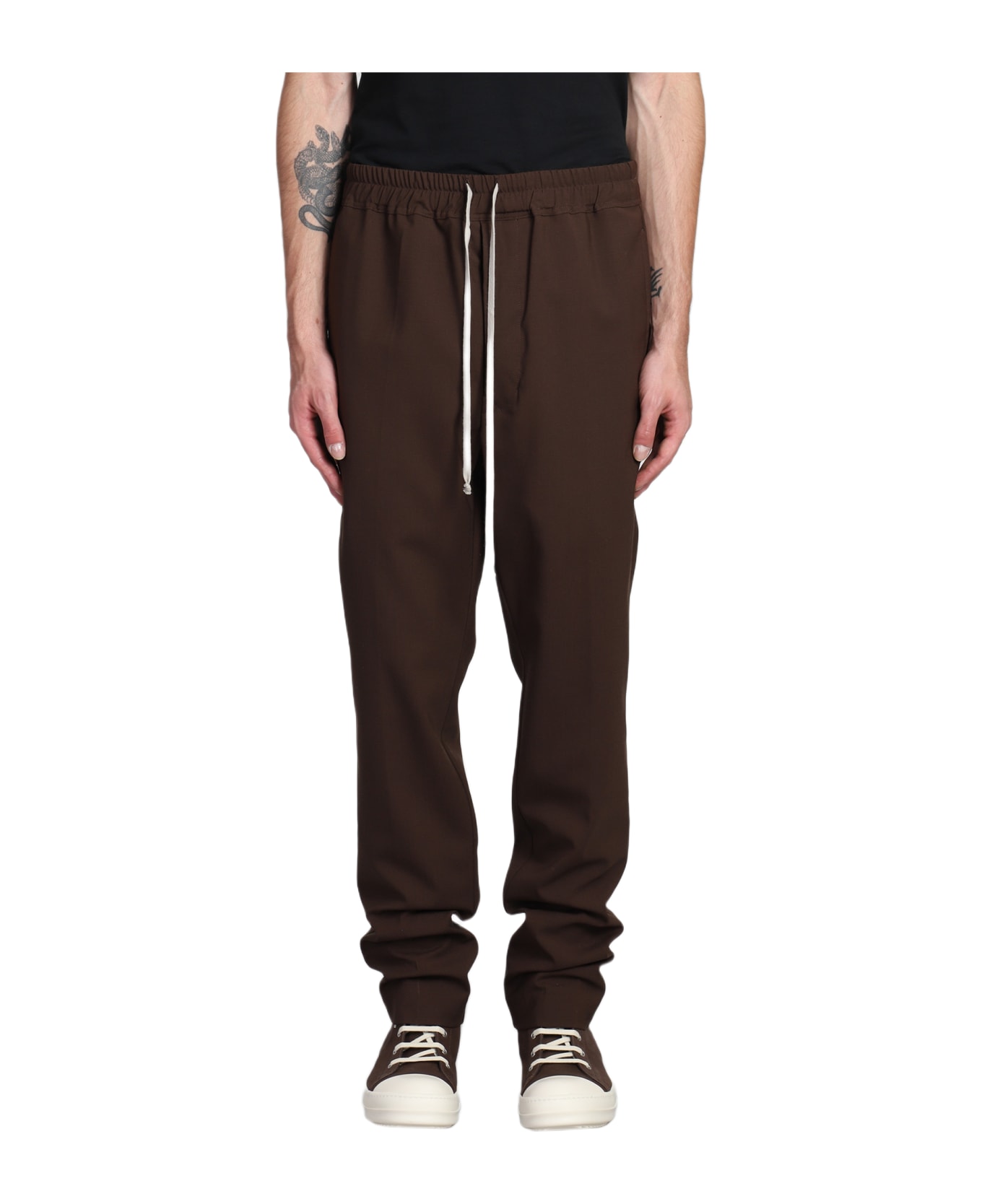 Rick Owens Drawstring Slim Long Pants In Brown Wool - brown スウェットパンツ