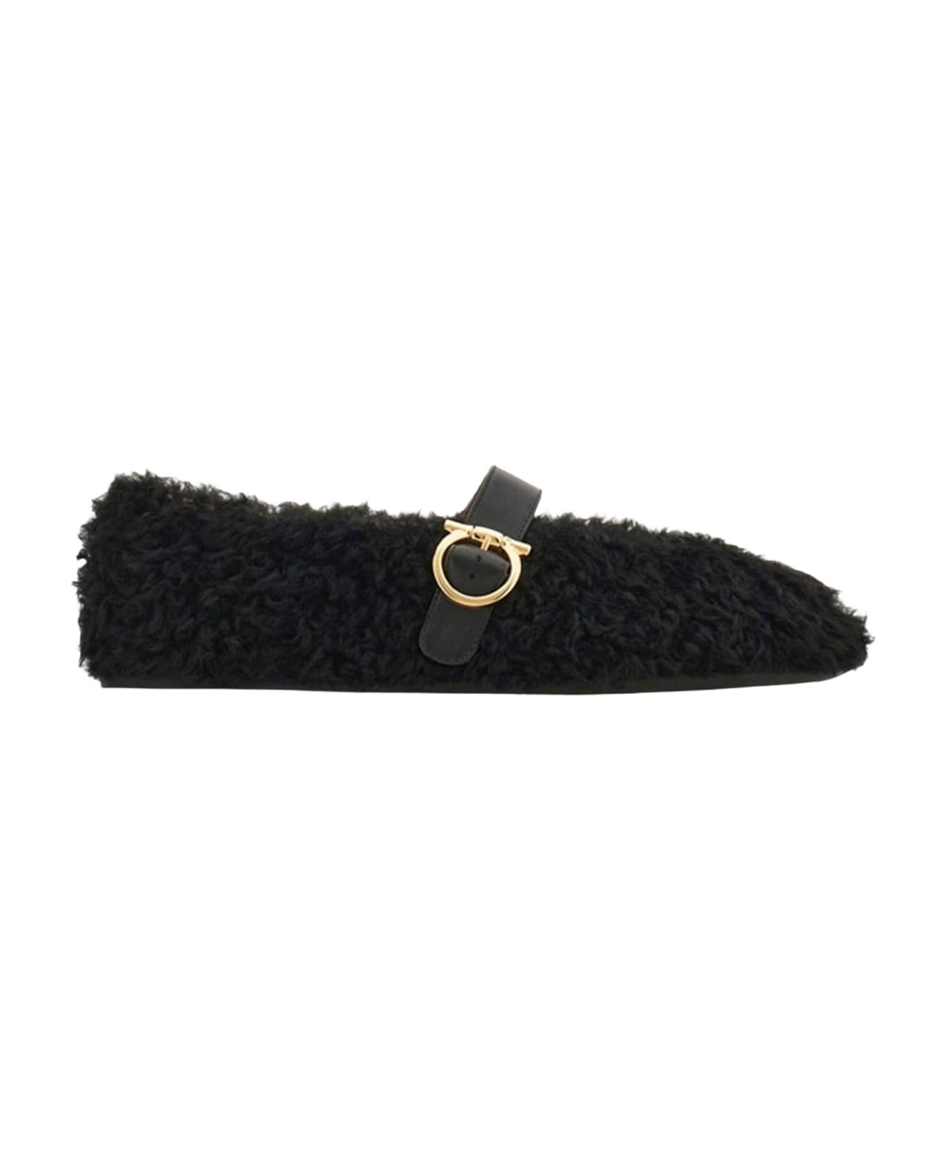 Ferragamo Gancini Ornamental Ballet Flats In Shearling - Black
