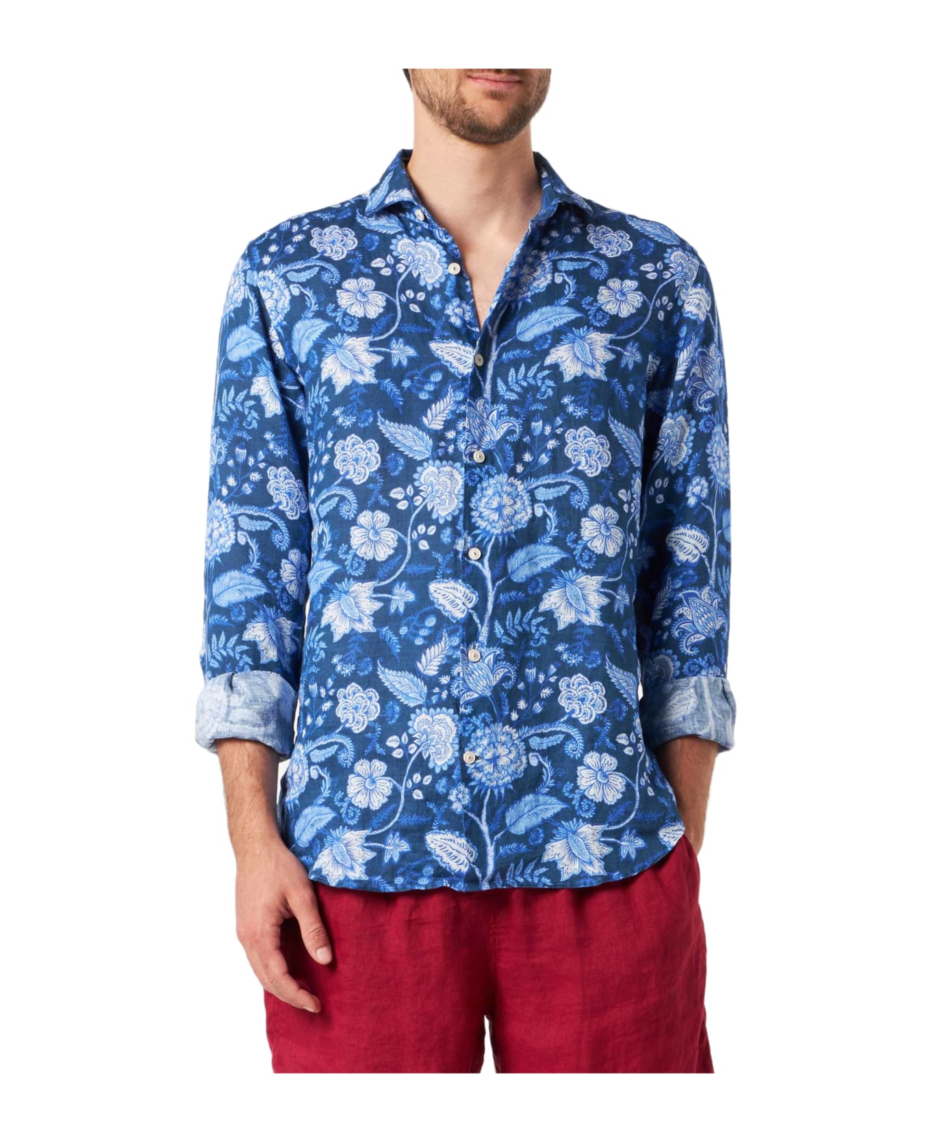 MC2 Saint Barth Man Linen Pamplona Shirt With Flower Print - BLUE