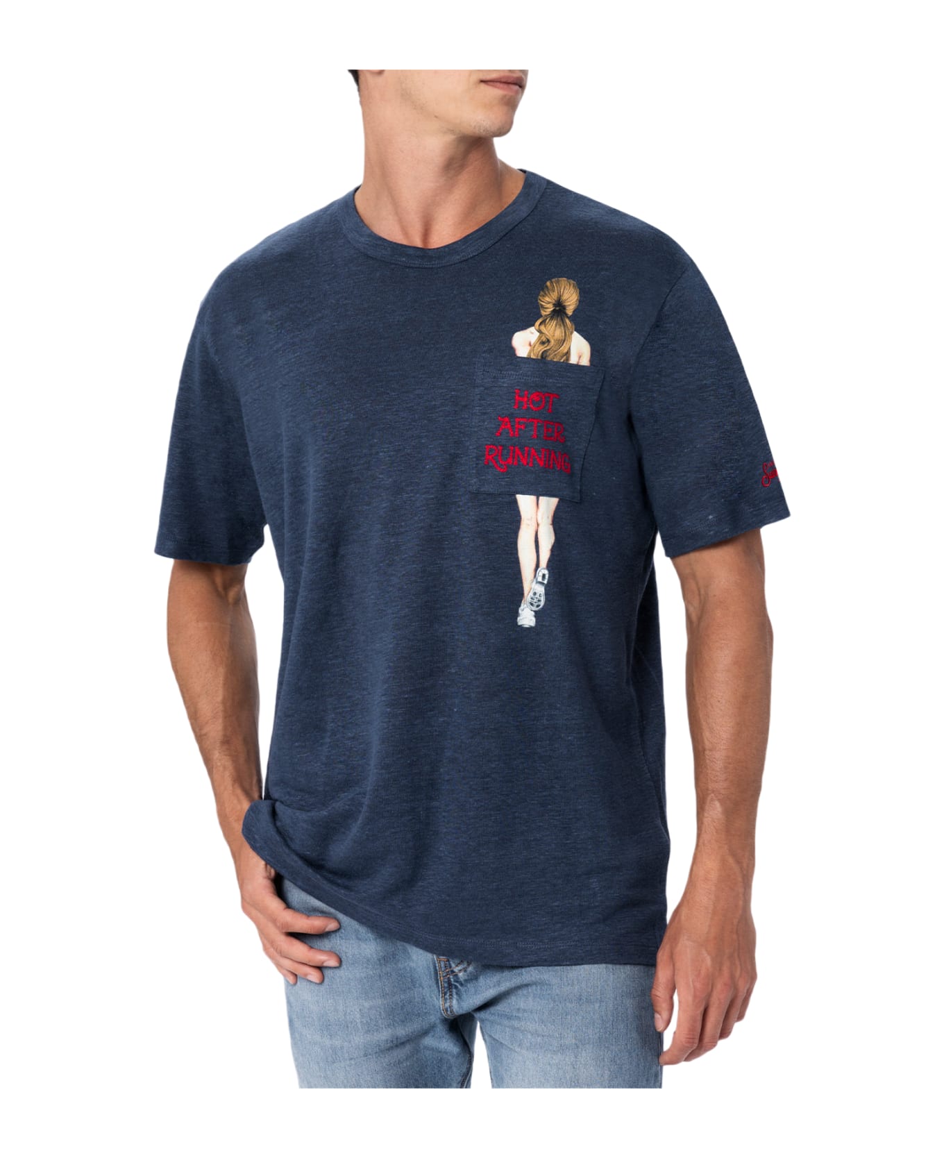 MC2 Saint Barth Man Linen Jersey T-shirt Ecstasea With Printed And Embroidered Pocket - BLUE