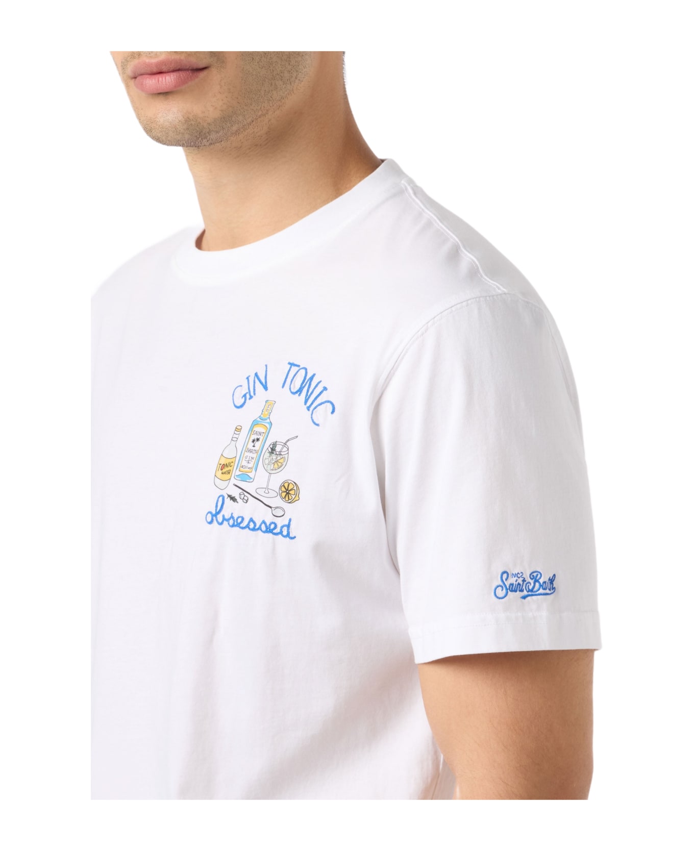 MC2 Saint Barth Man Cotton T-shirt With Gin Tonic Obsessed Embroidery - WHITE