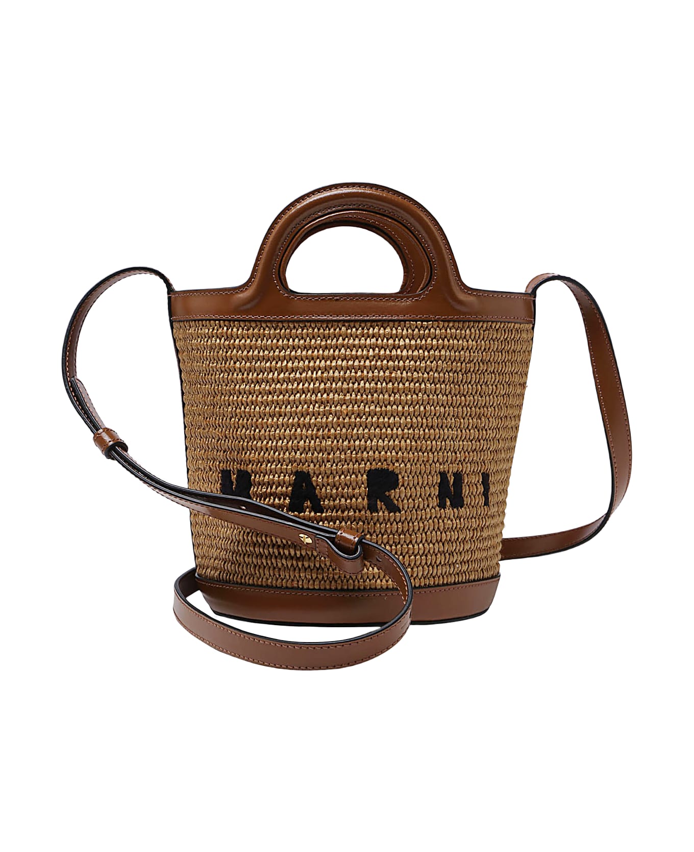 Marni Brown Raffia And Leather Tropicalia Mini Bucket Bag - RAW SIENNA ショルダーバッグ