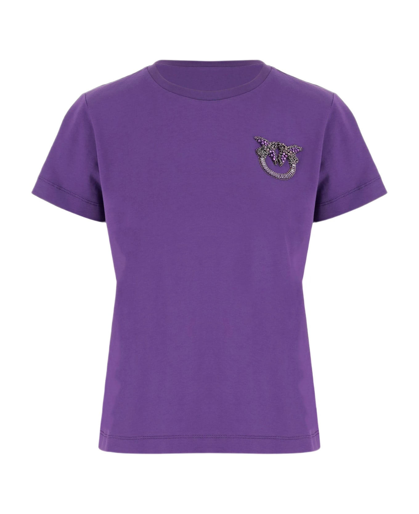 Pinko Cotton T-shirt With Love Birds Jewel Embroidery - Purple