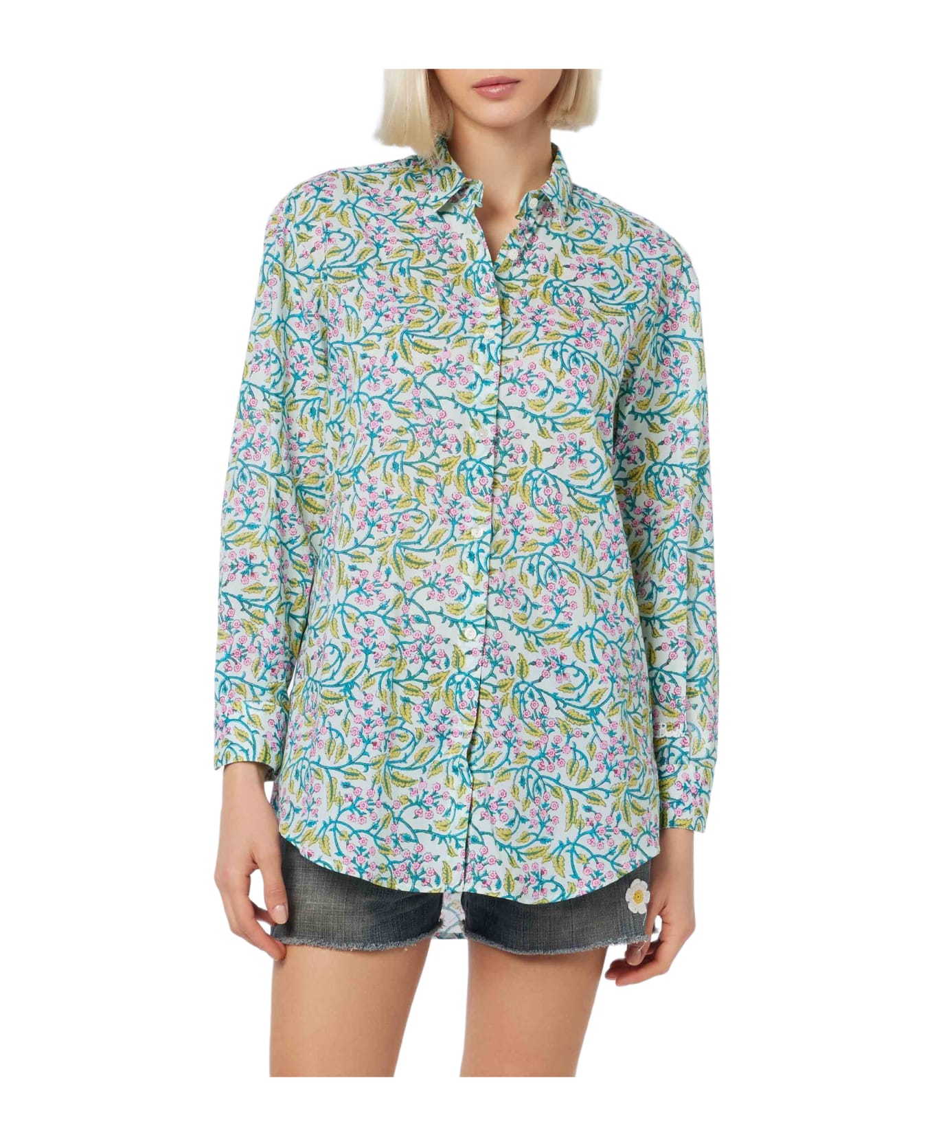 MC2 Saint Barth Woman Cotton Shirt Brigitte With Flower Print - GREEN