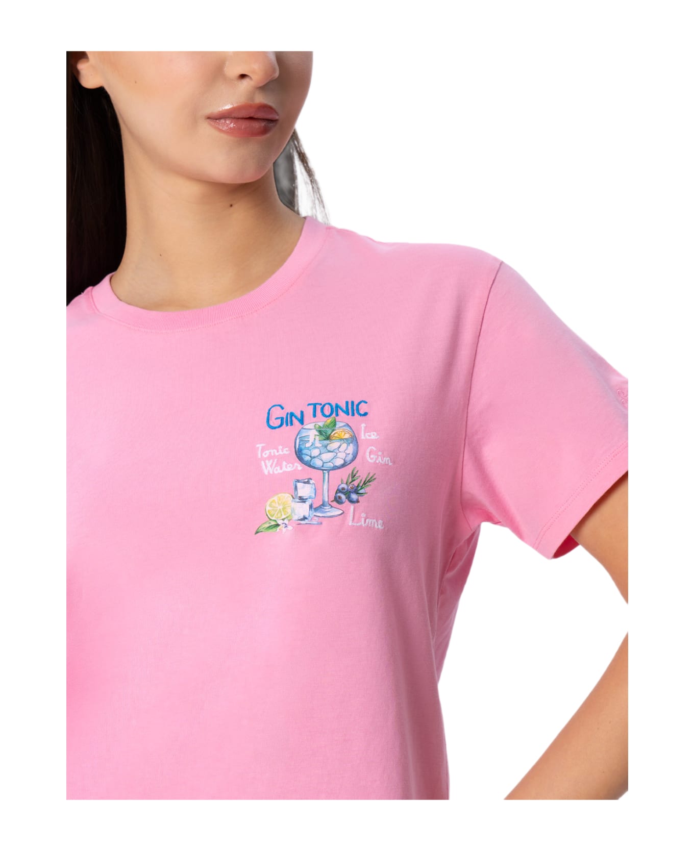 MC2 Saint Barth Woman Cotton Jersey Crewneck T-shirt Emilie With Gin Tonic Embroidery - PINK