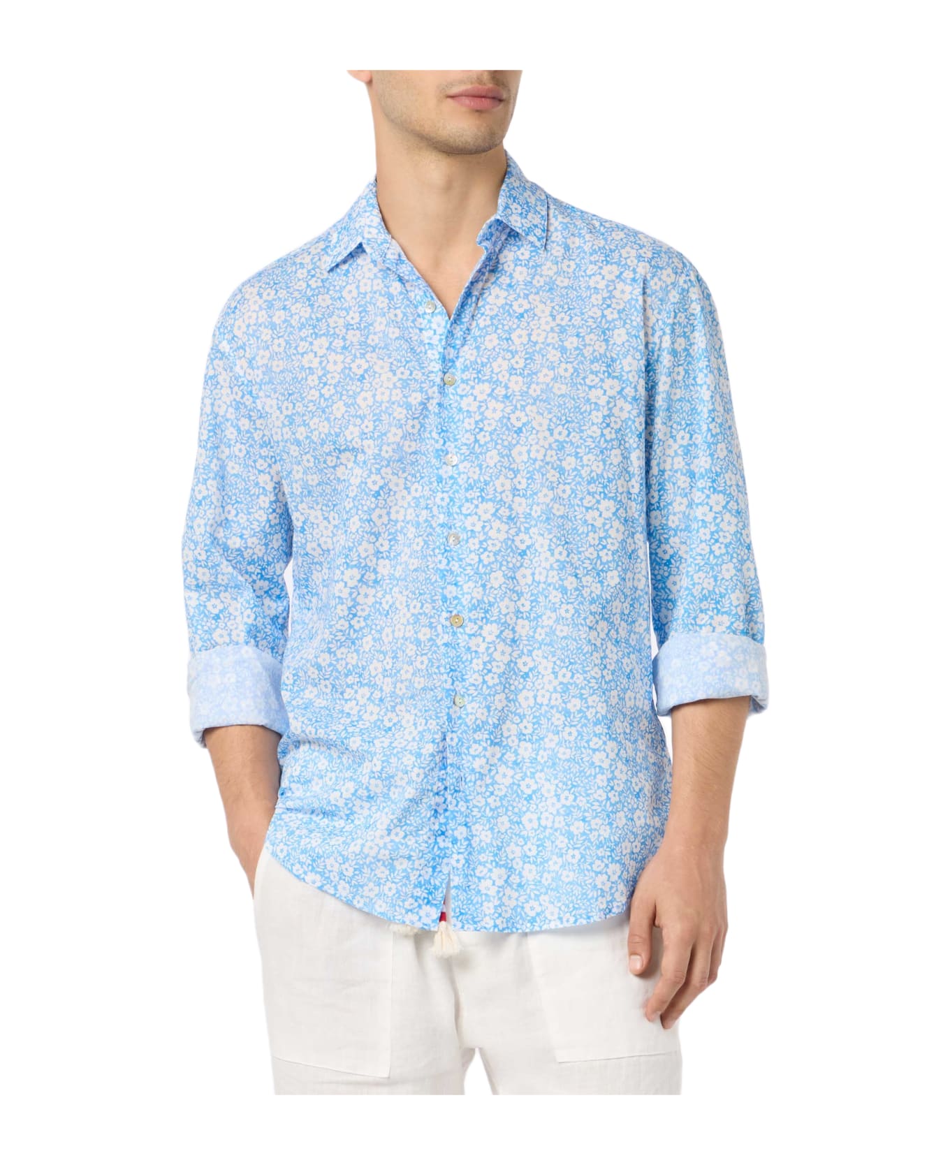 MC2 Saint Barth Man Muslin Cotton Shirt Sikelia With Micro Flower Print - SKY