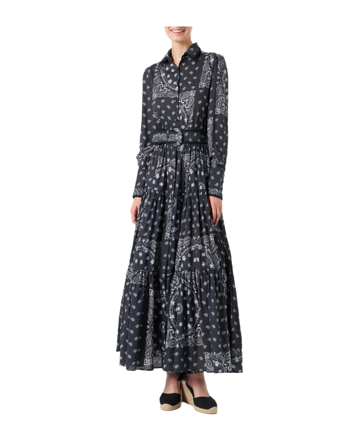 MC2 Saint Barth Bandanna Cotton Long Dress With Embroideries - BLACK
