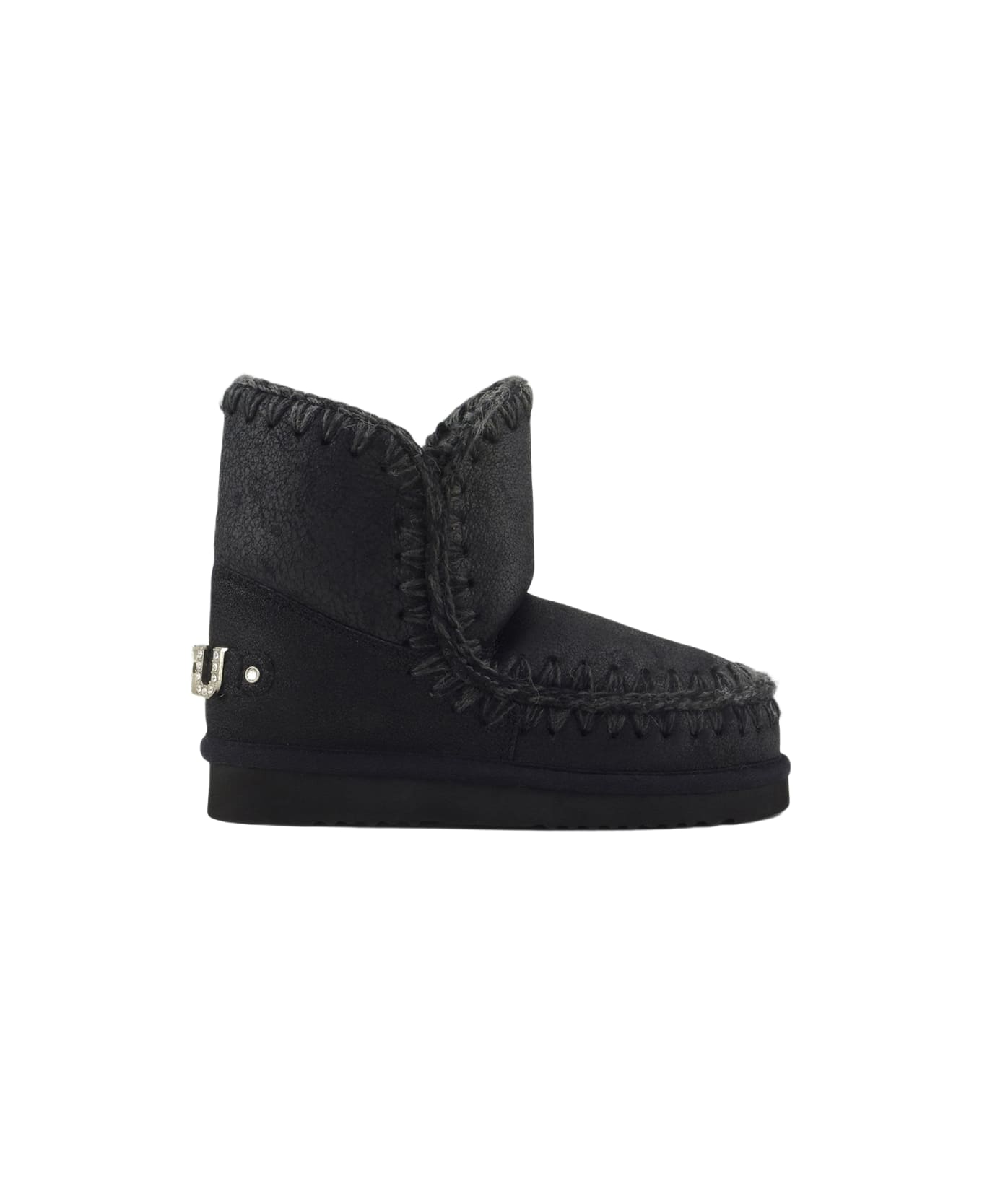 Mou Eskimo 18 Rhinestones Logo Black Sheepskin Ankle Boots - Eskimo 18 Rhinestones Logo - Cbkg Cracked Black