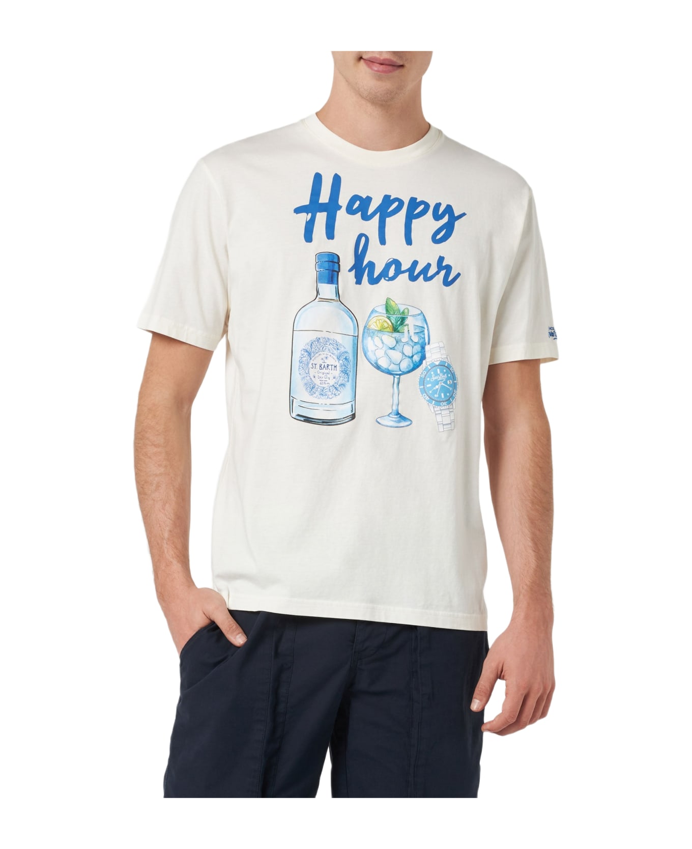 MC2 Saint Barth Man Cotton T-shirt With Happy Hour Placed Print - WHITE