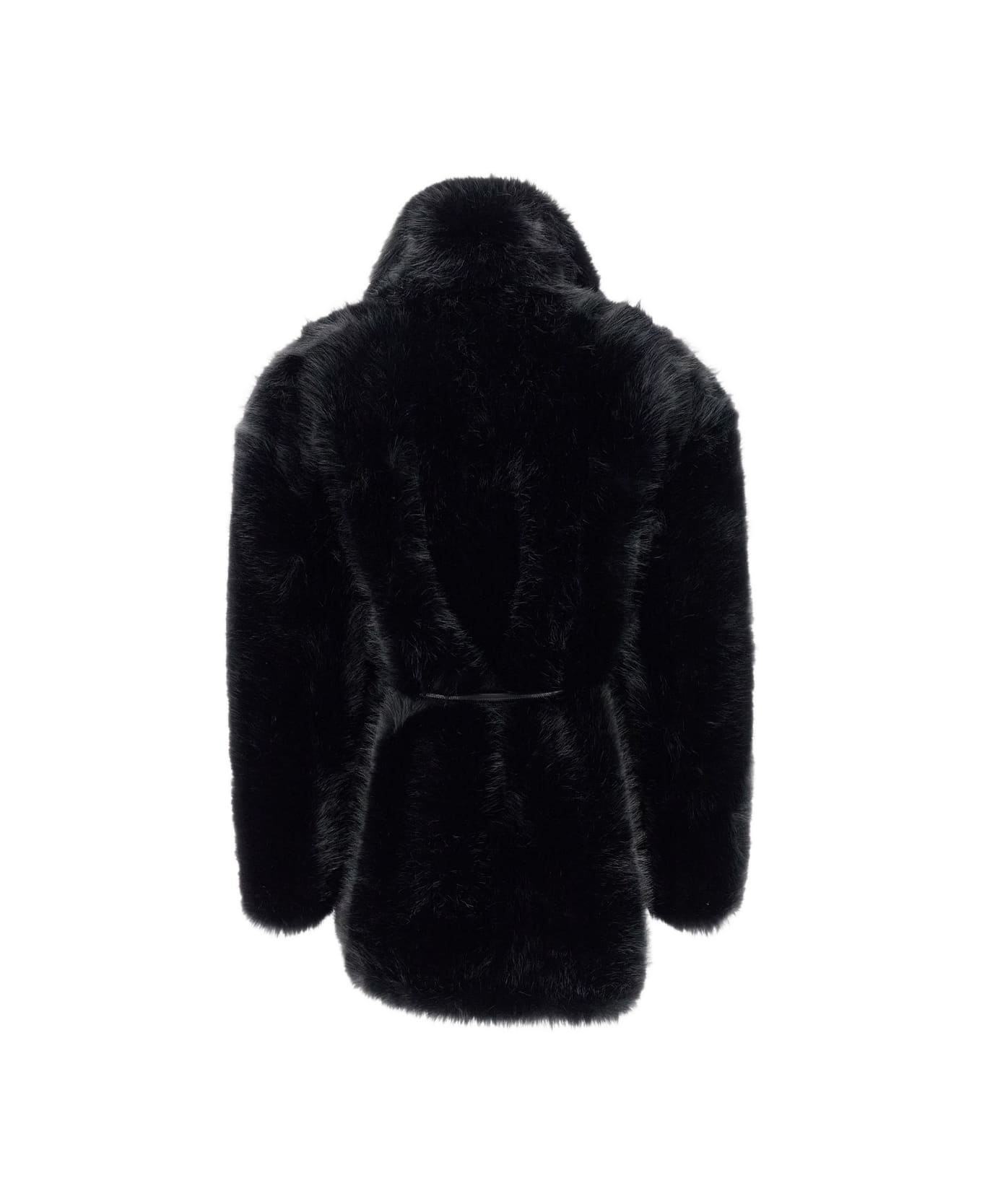 SportMax Faux Fur Coat With Belt Rosaria - Black