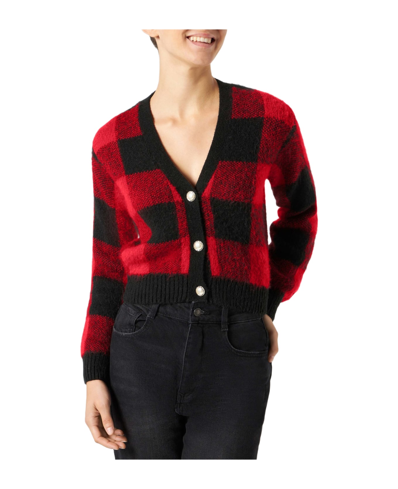 MC2 Saint Barth Woman Short Cardigan With Jewel Buttons And Tartan Print - unknown