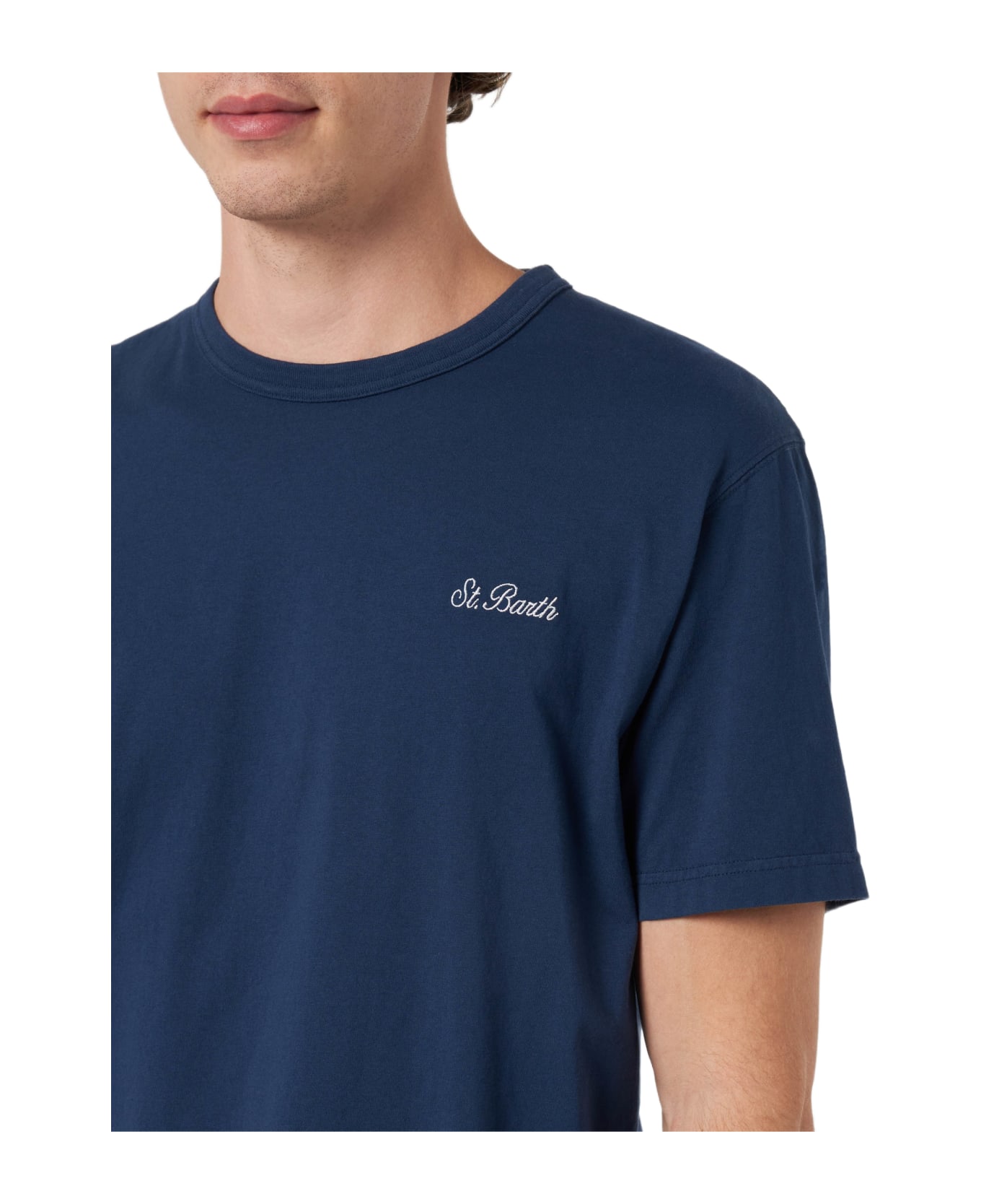 MC2 Saint Barth Man Blue Cotton Jersey T-shirt Dover With St. Barth Embroidery - BLUE
