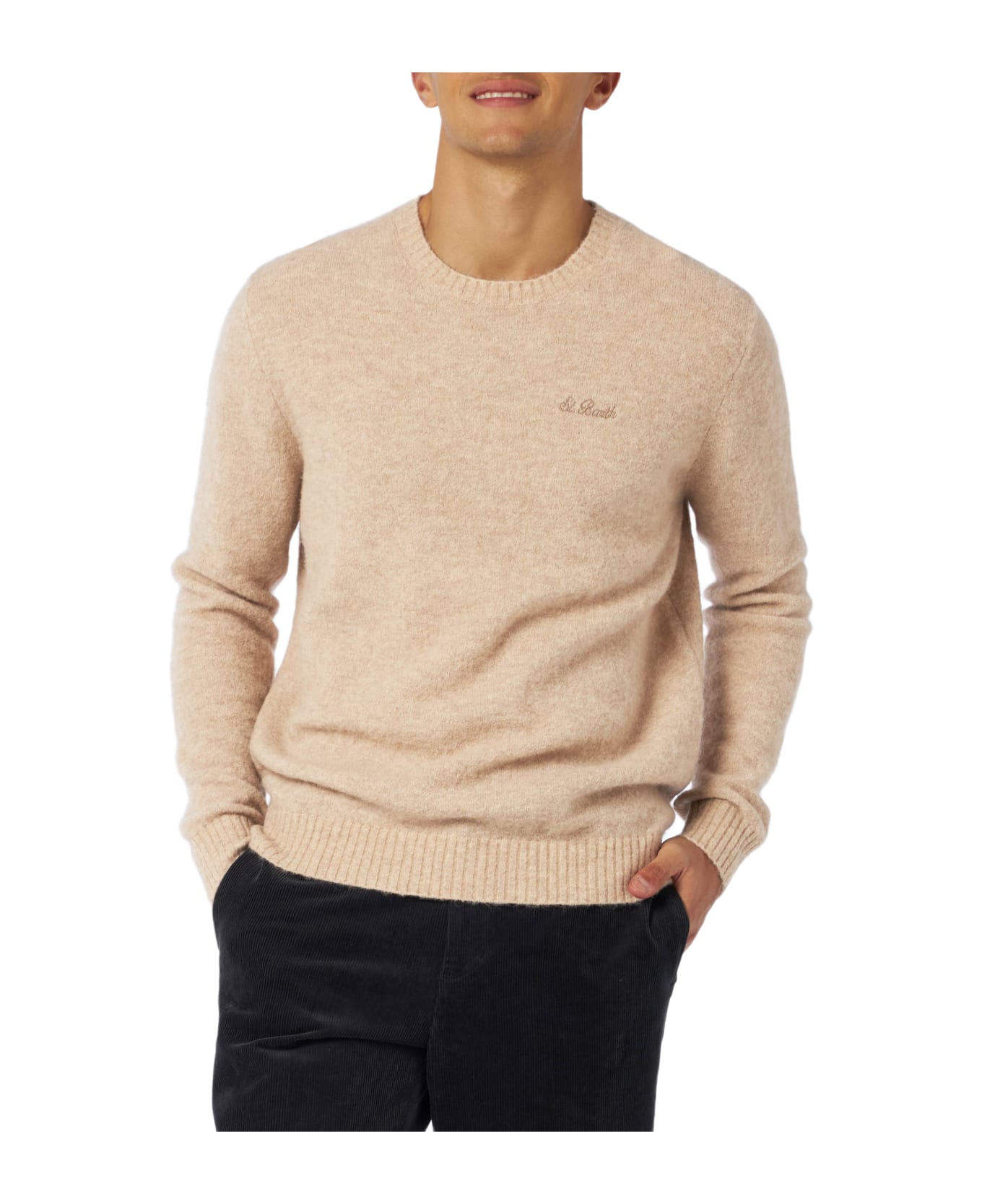 MC2 Saint Barth Man Beige Stretch Alpaca Sweater With St. Barth Embroidery - BEIGE
