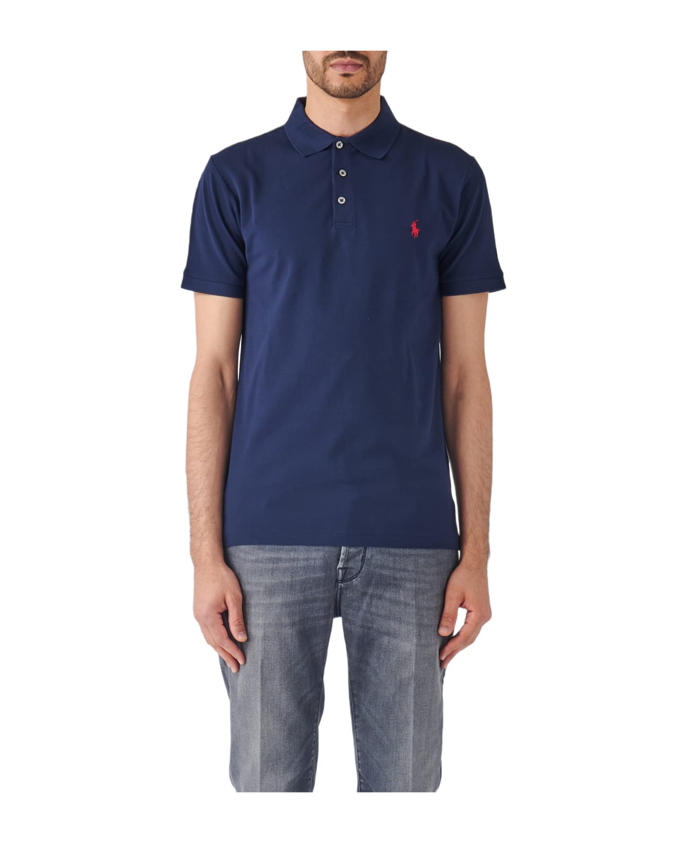 Polo Ralph Lauren Dark Blue Slim Fit Polo Shirt With Contrasting Pony - Blue