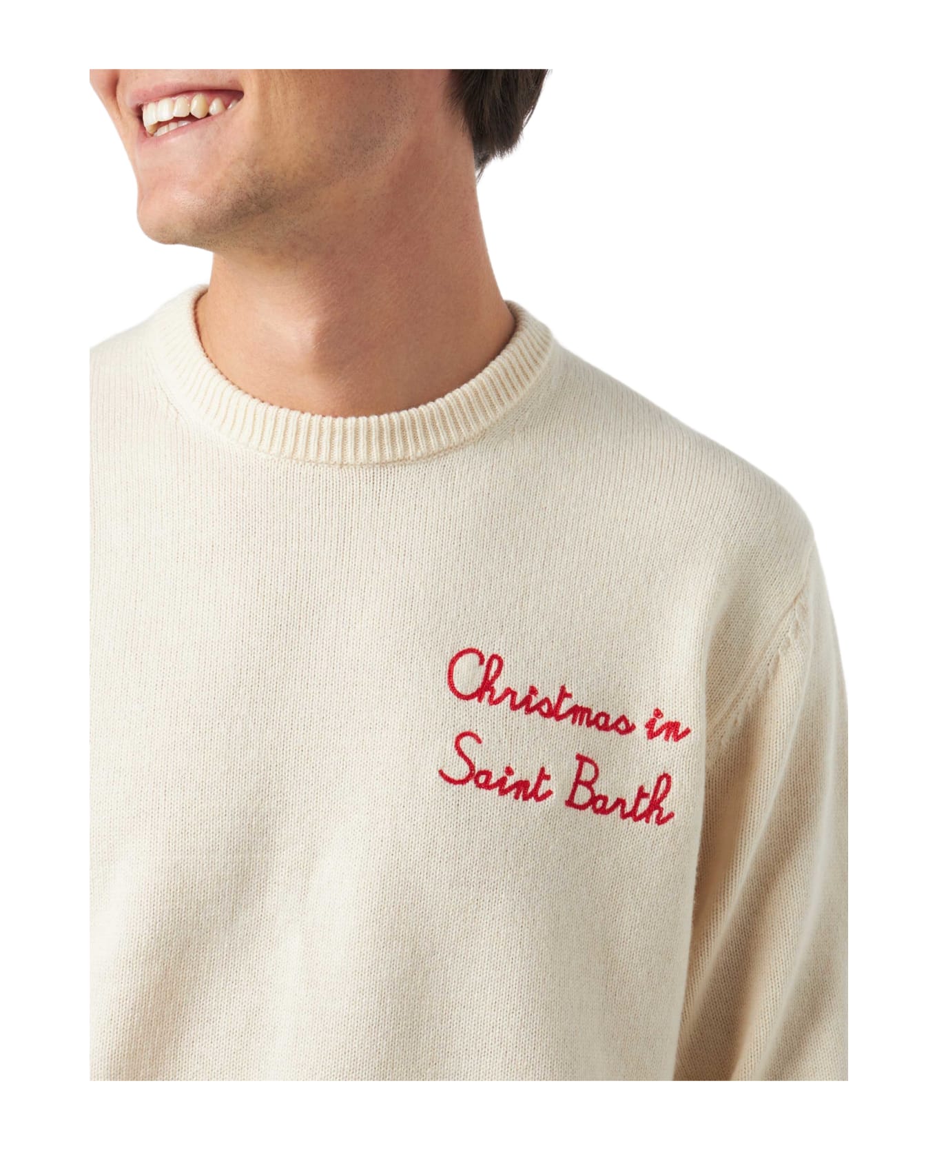 MC2 Saint Barth Man Crewneck Sweater With Christmas In Saint Barth Embroidery - WHITE