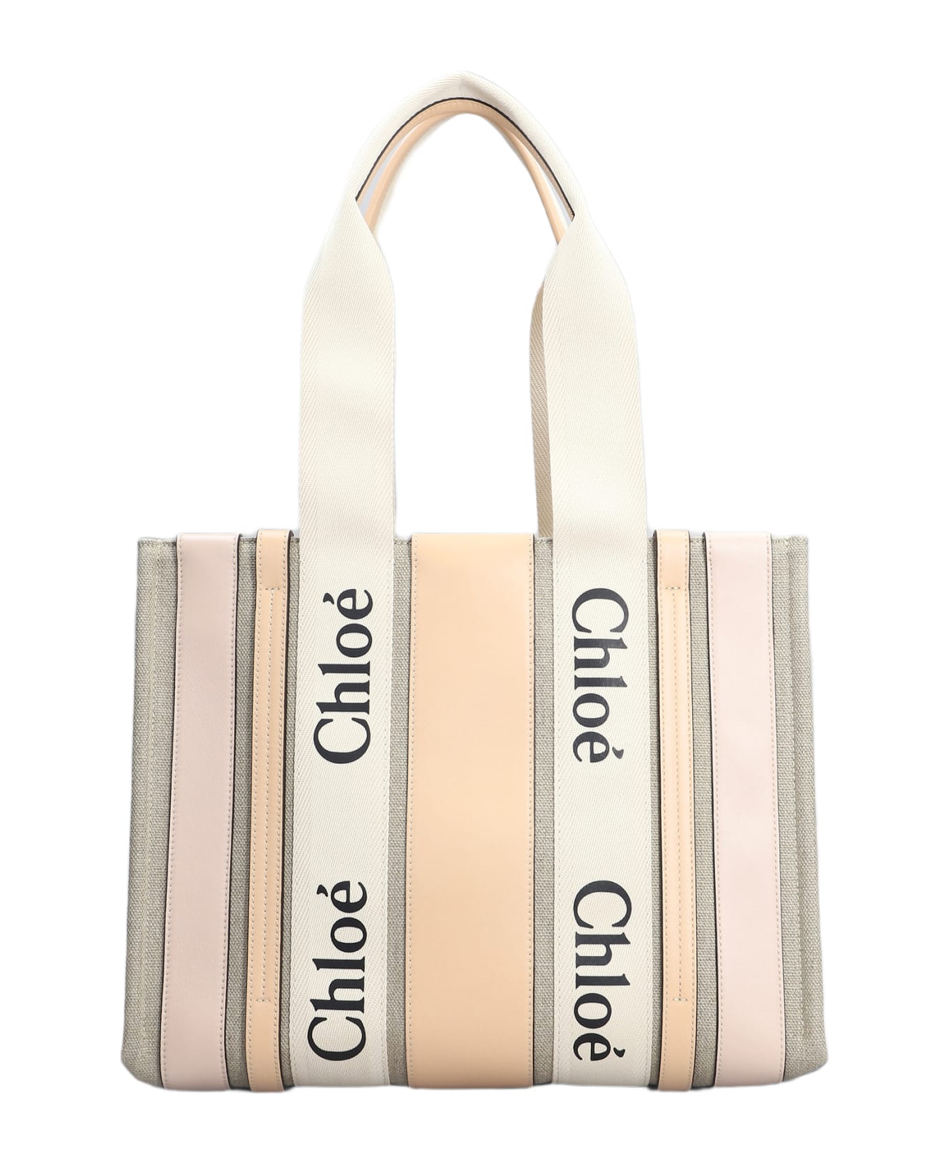 Chloé Woody Tote In Beige Leather And Fabric - beige