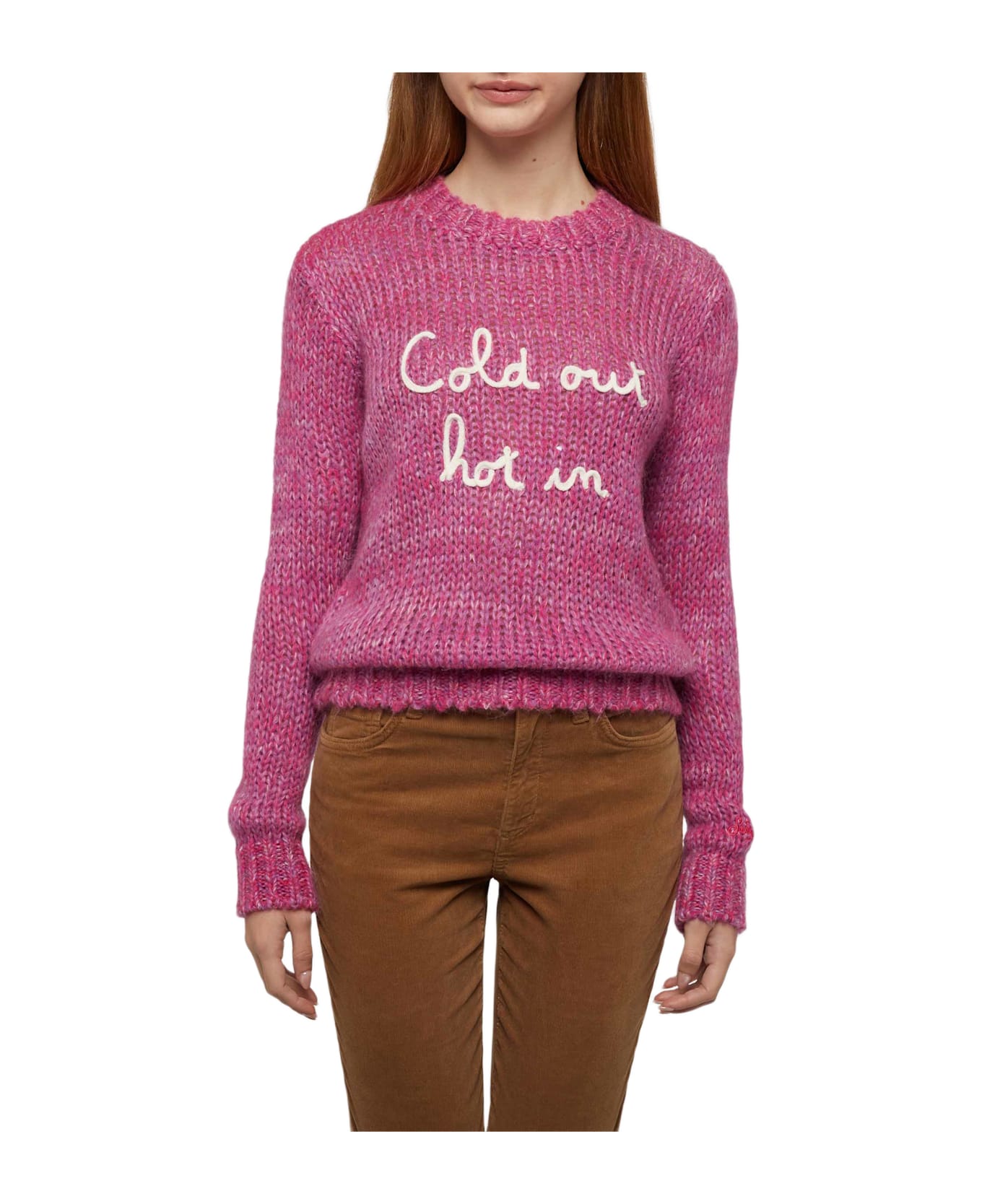 MC2 Saint Barth Woman Crewneck Soft Sweater With Cold Out Hot In Embroidery - PINK