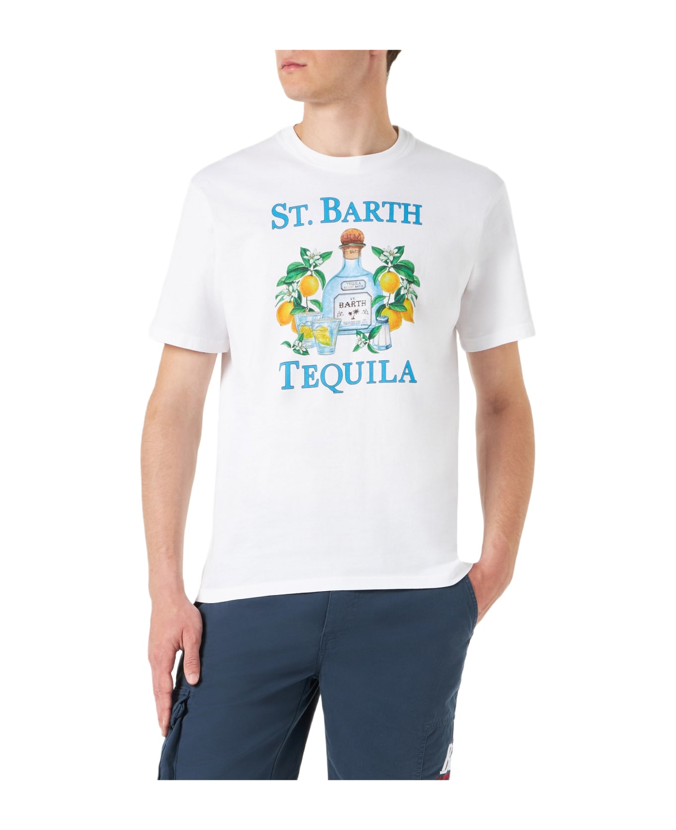 MC2 Saint Barth Man Cotton T-shirt With St. Barth Tequila Print - WHITE