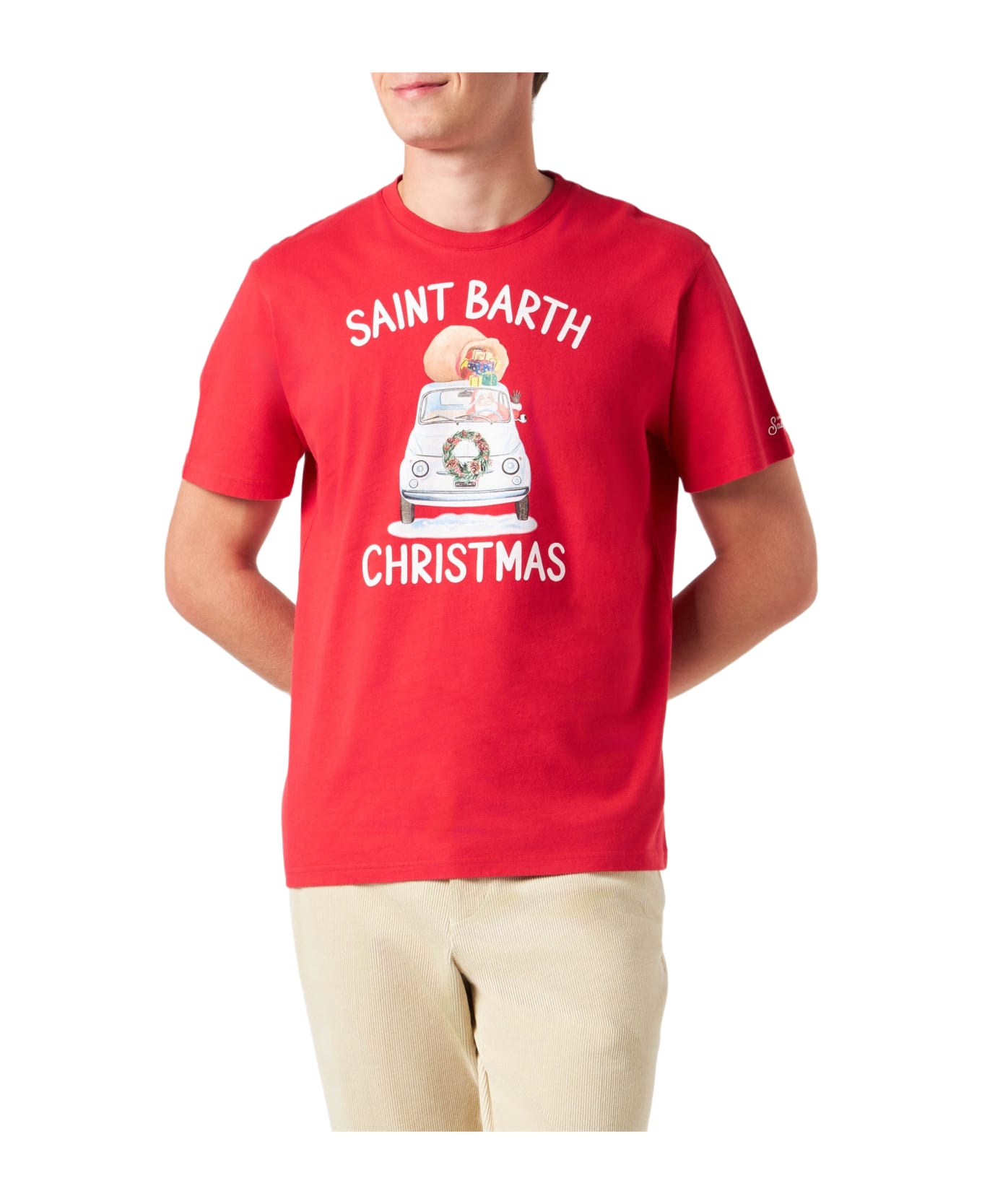 MC2 Saint Barth Man Heavy Cotton T-shirt With Saint Barth Christmas Print - RED